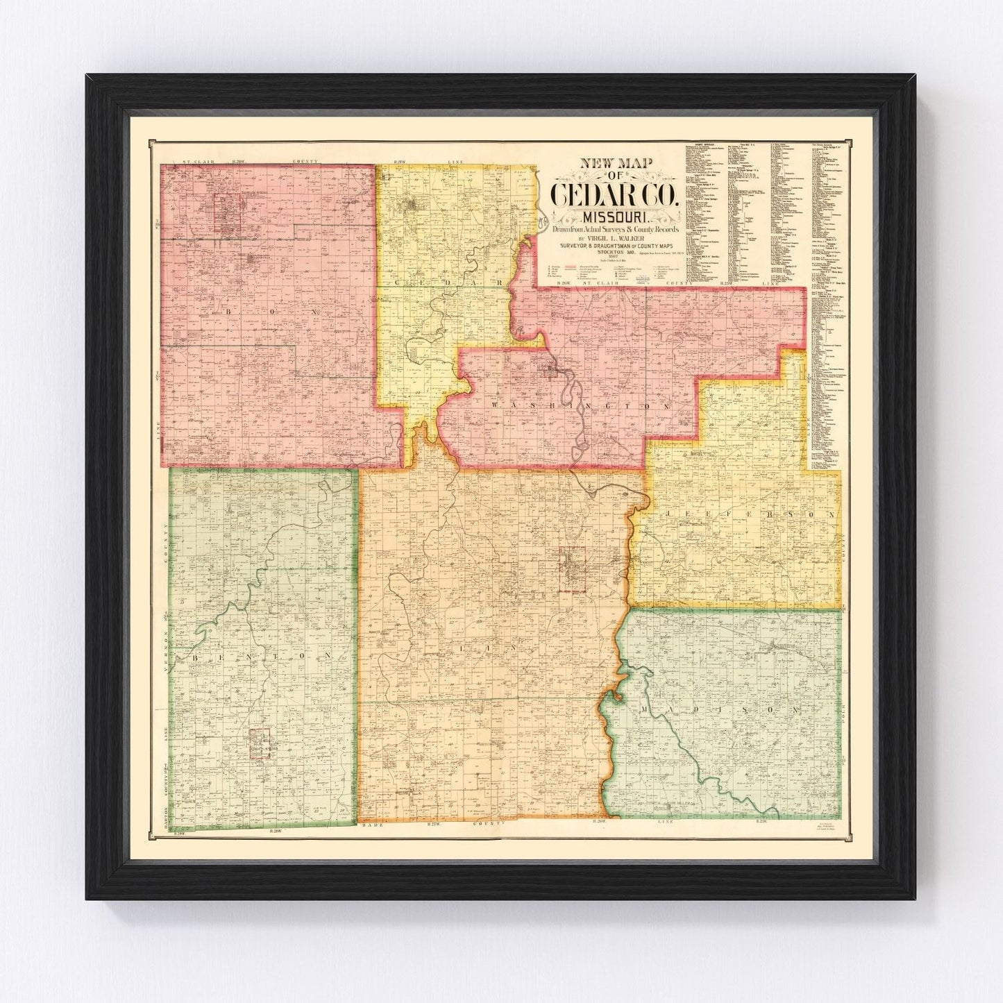 Vintage map of Cedar County, Missouri, 1897, restored vintage wall art print