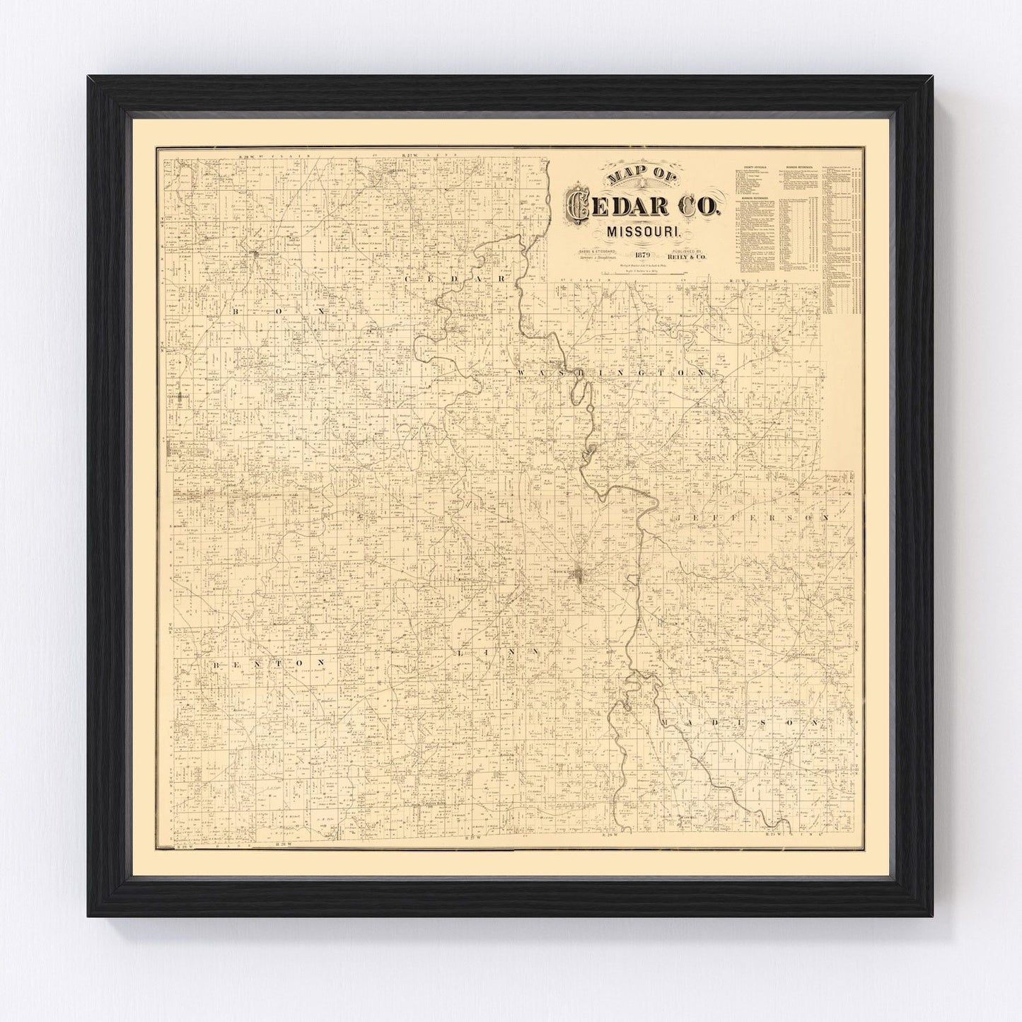 Vintage map of Cedar County, Missouri, 1879, restored vintage wall art print