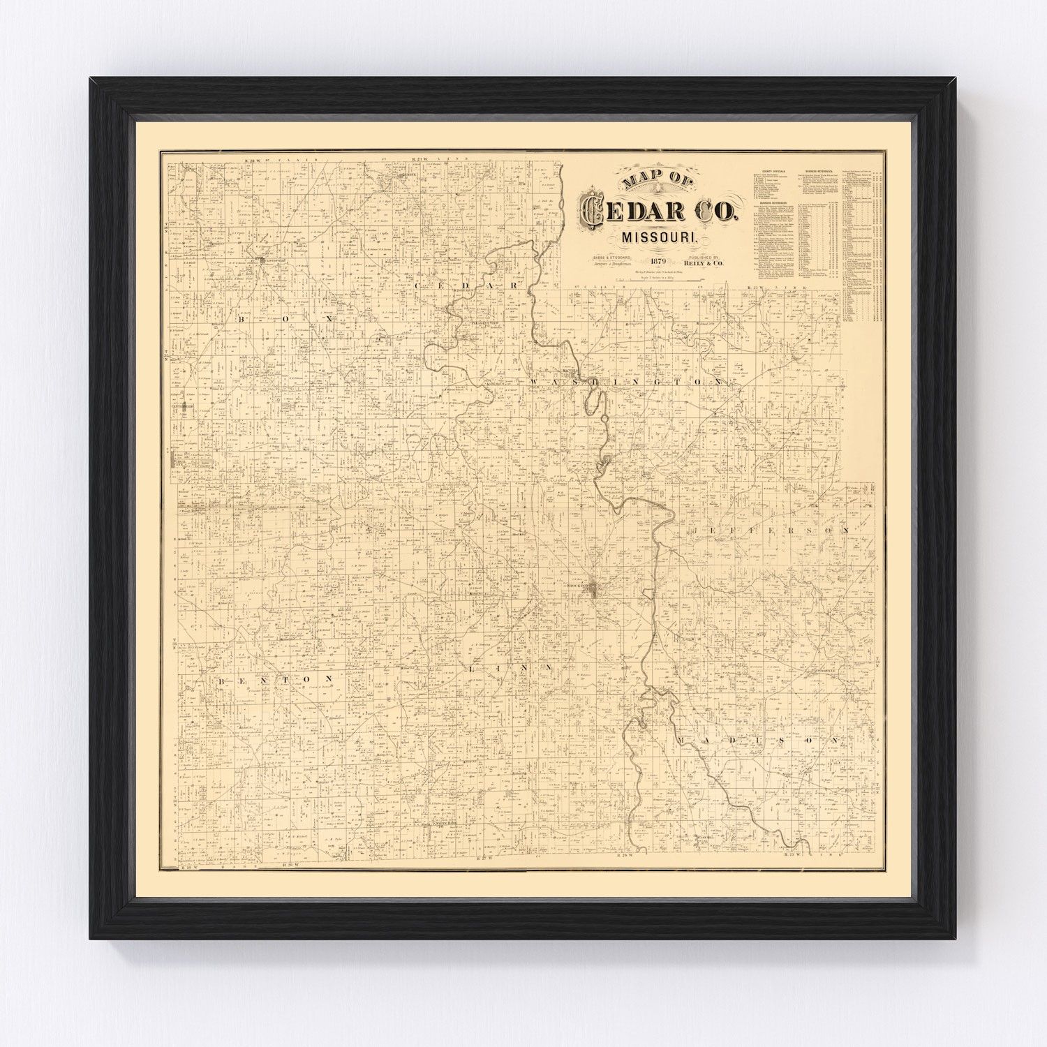 Vintage map of Cedar County, Missouri, 1879, restored vintage wall art print