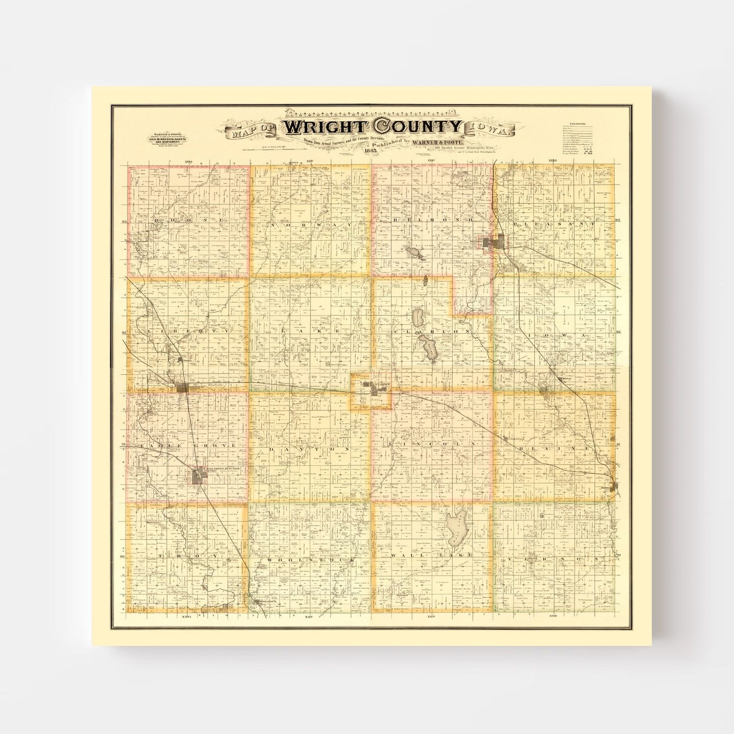 Vintage Map of Wright County, Iowa, 1885
