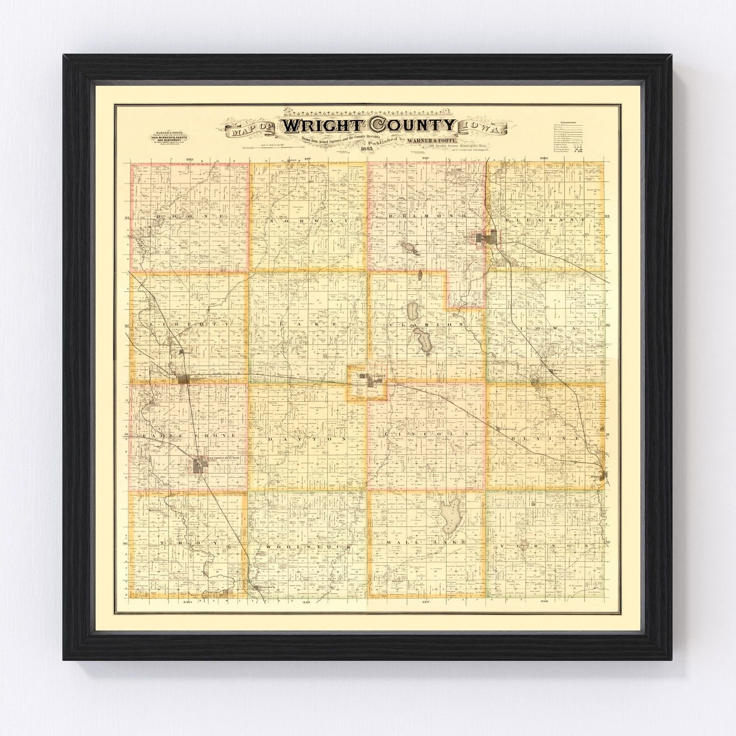 Vintage map of Wright County, Iowa, 1885, digitally restored