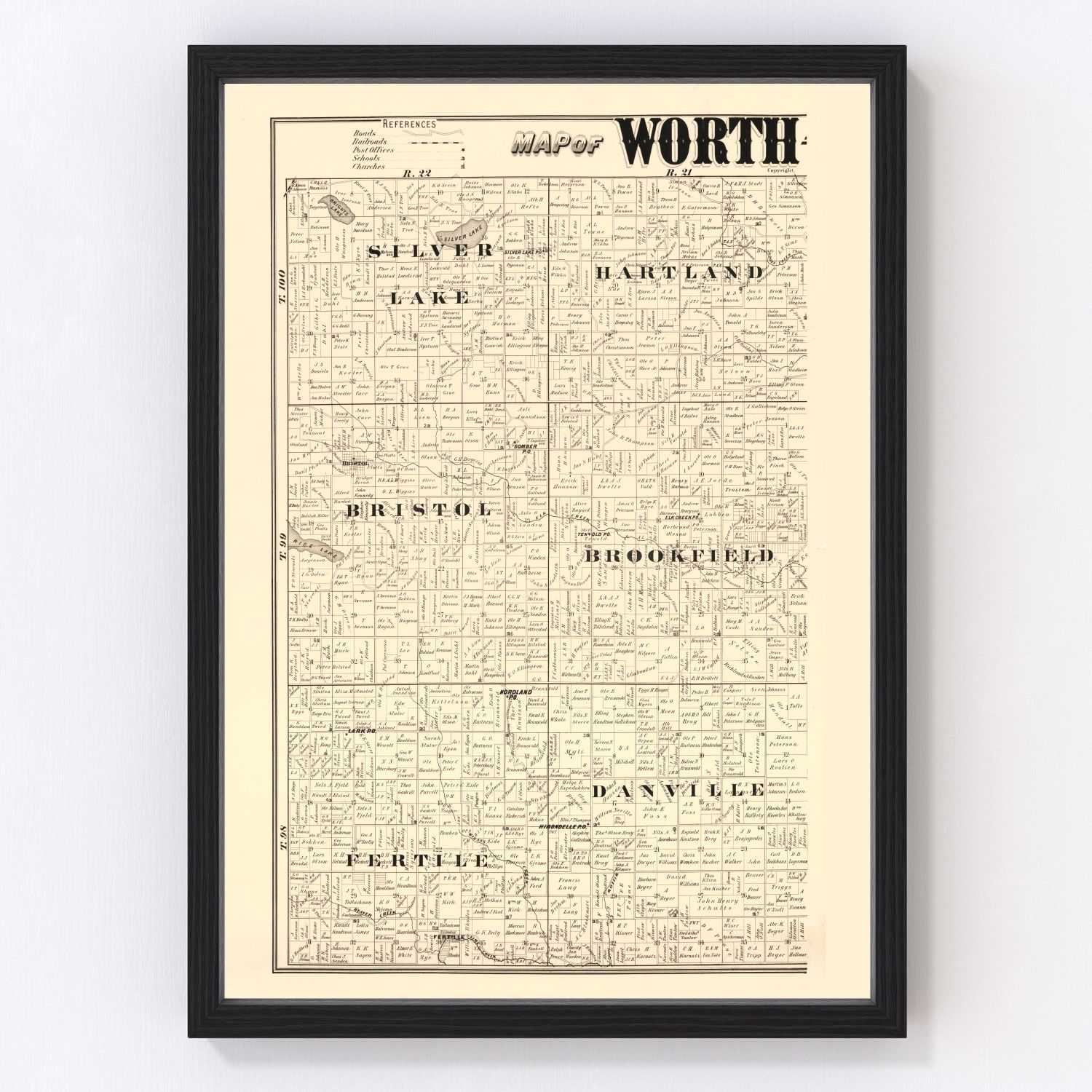 Vintage map of Worth County, Iowa, 1894, digitally restored