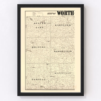 Vintage map of Worth County, Iowa, 1894, digitally restored