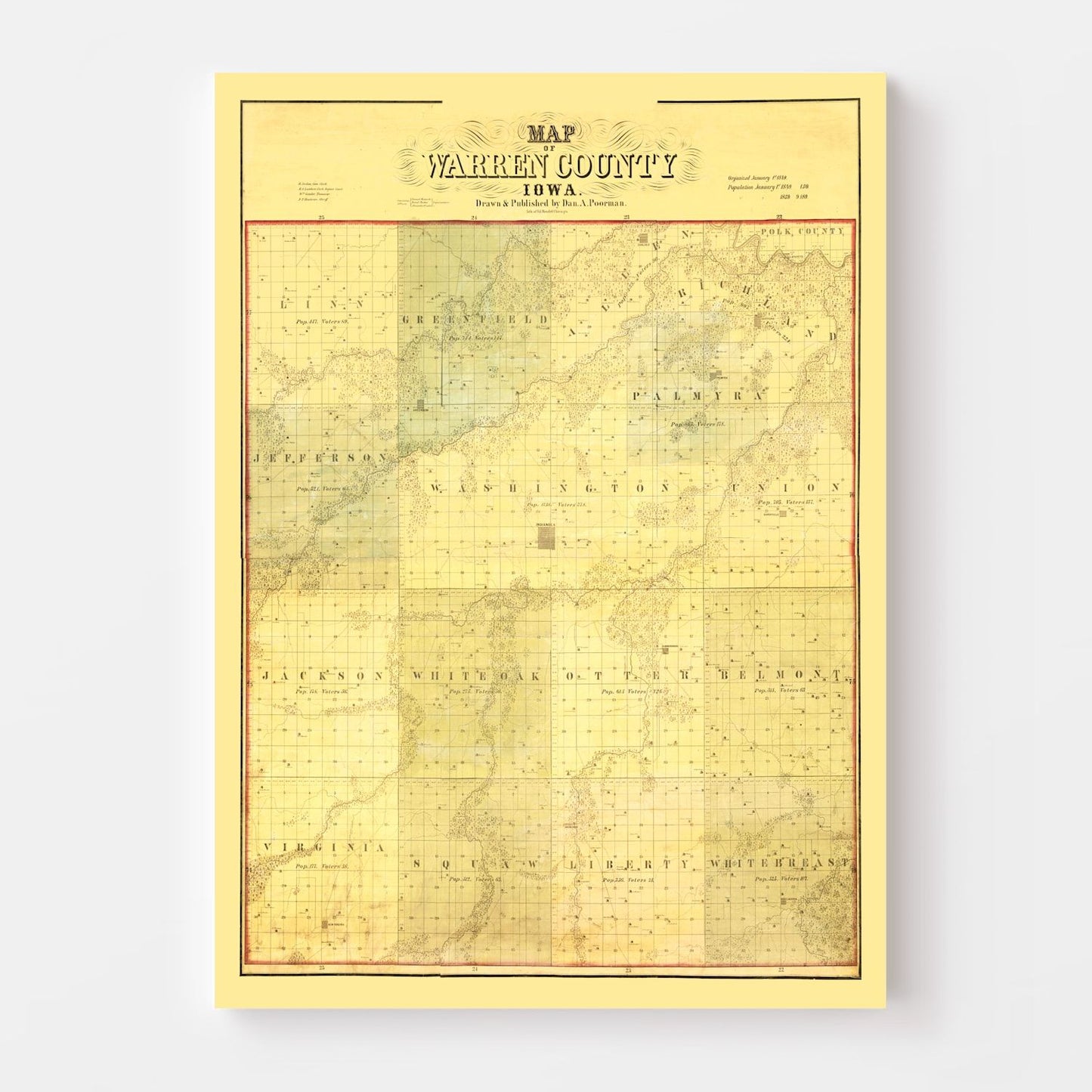 Vintage Map of Warren County, Iowa, 1859 Wall Art