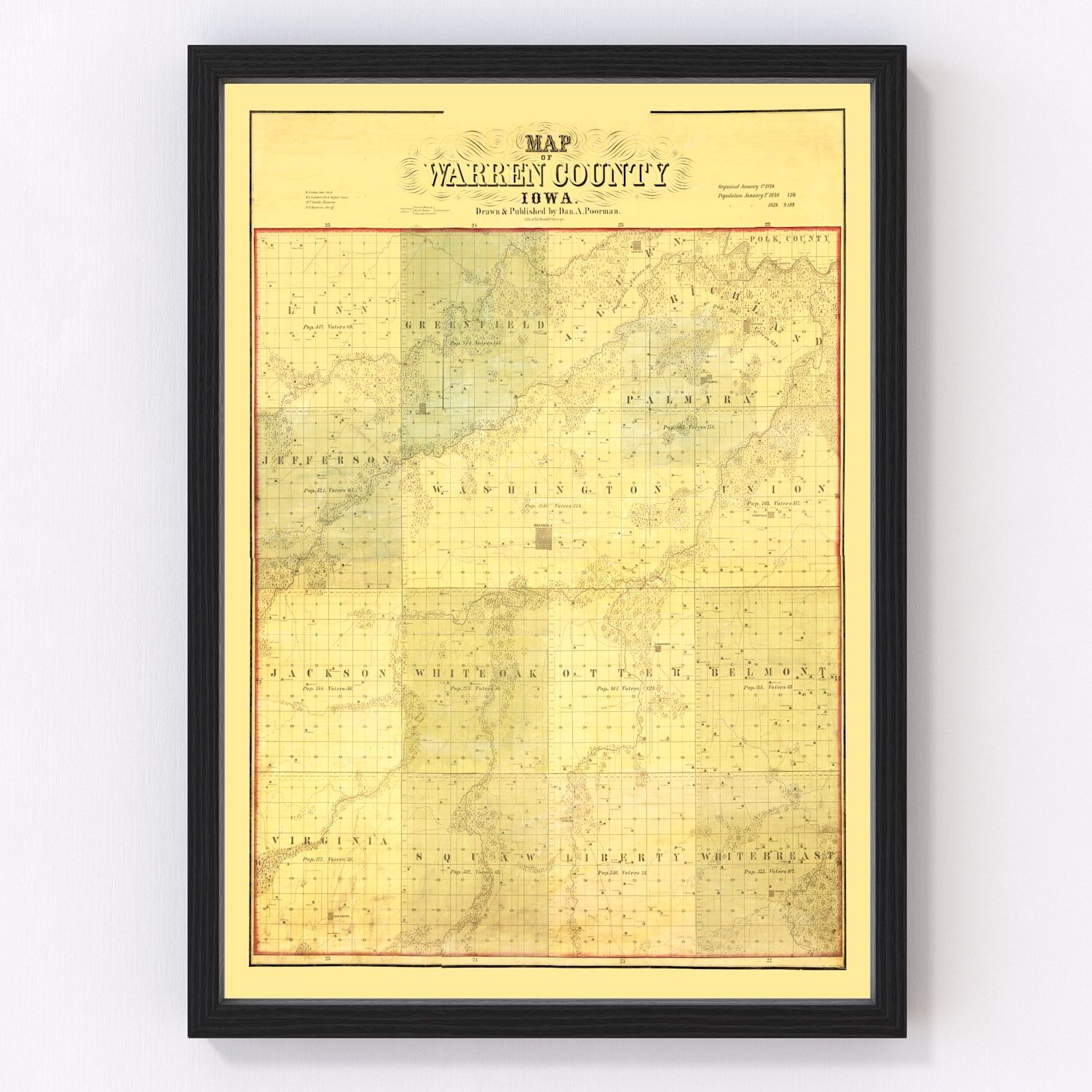 Vintage map of Warren County, Iowa, 1859, restored print