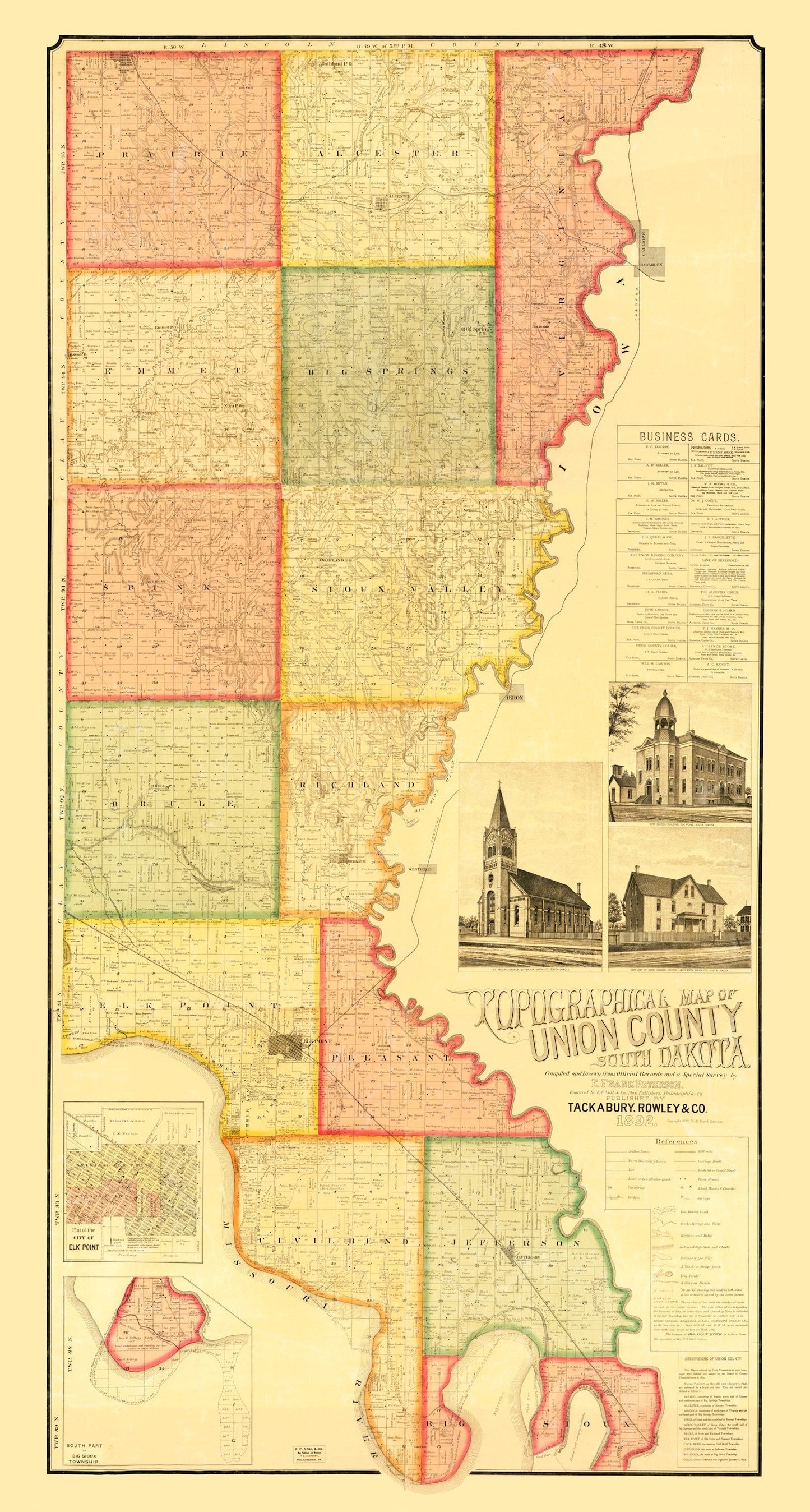 Vintage Map of Union County, South Dakota, 1892