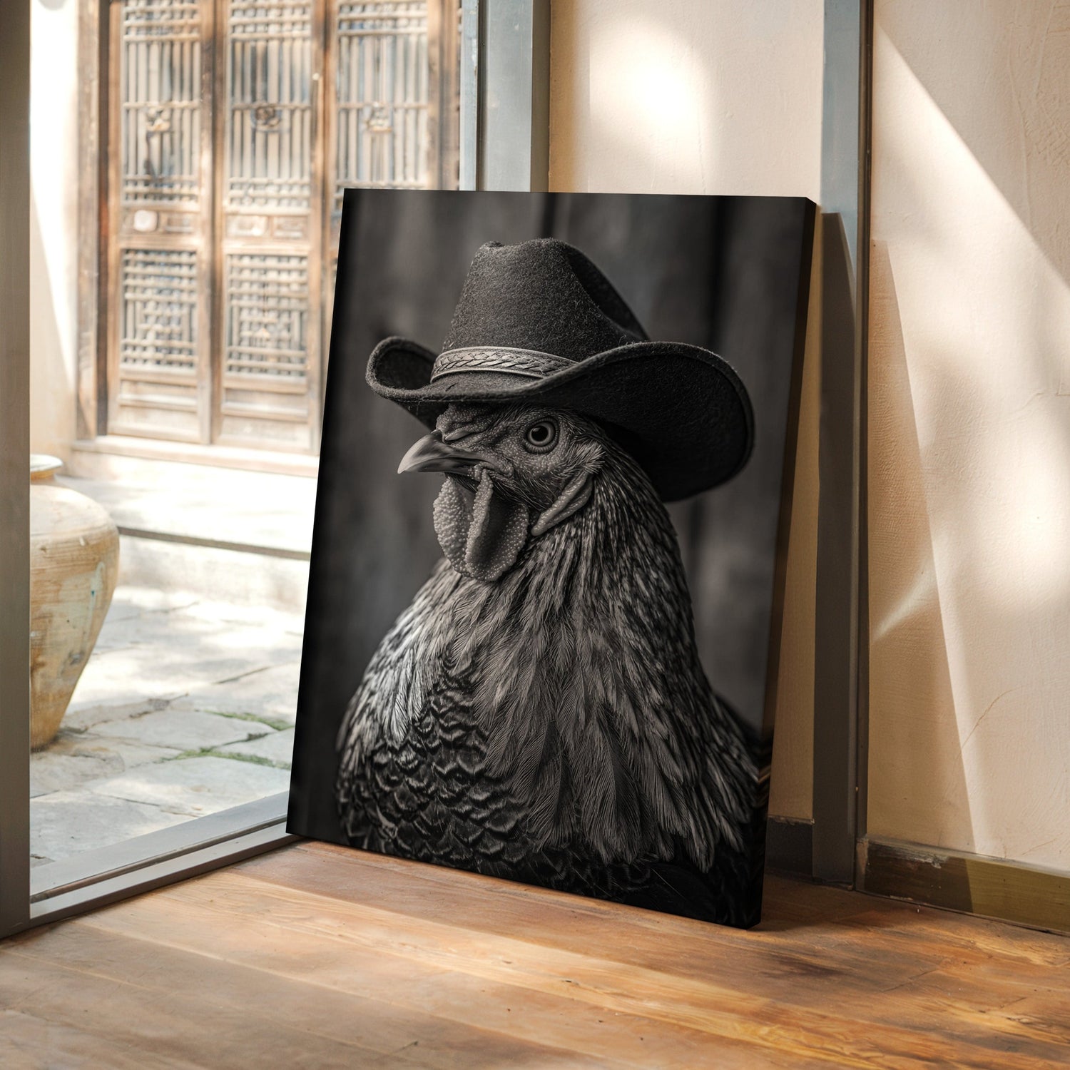 The Rooster Sheriff black and white farmhouse art with a rooster in a cowboy hat