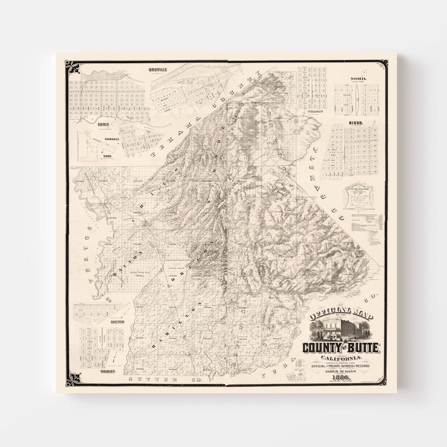 Vintage Map of Butte County, California, 1886 Wall Art
