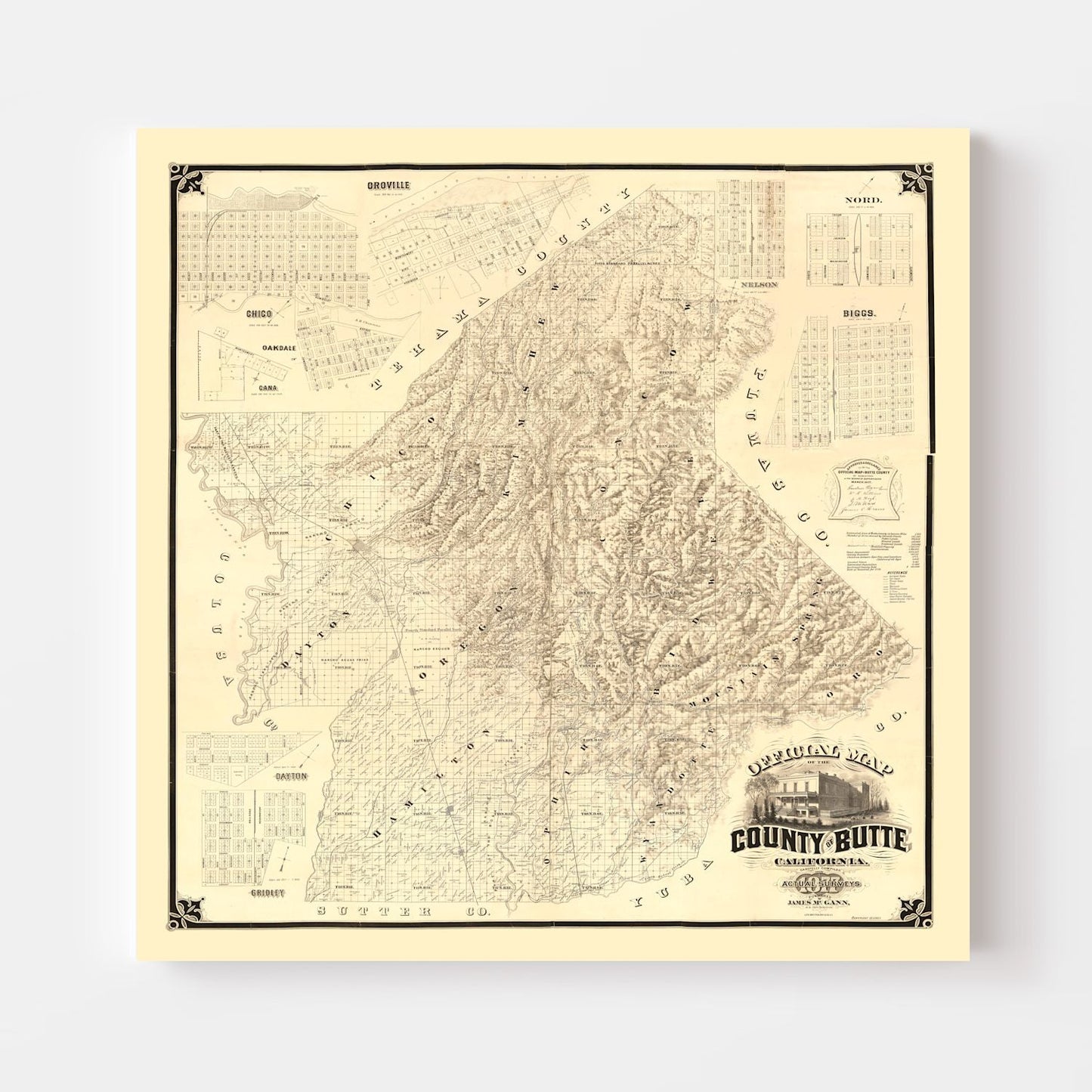Vintage Map of Butte County, California, 1877 Wall Art