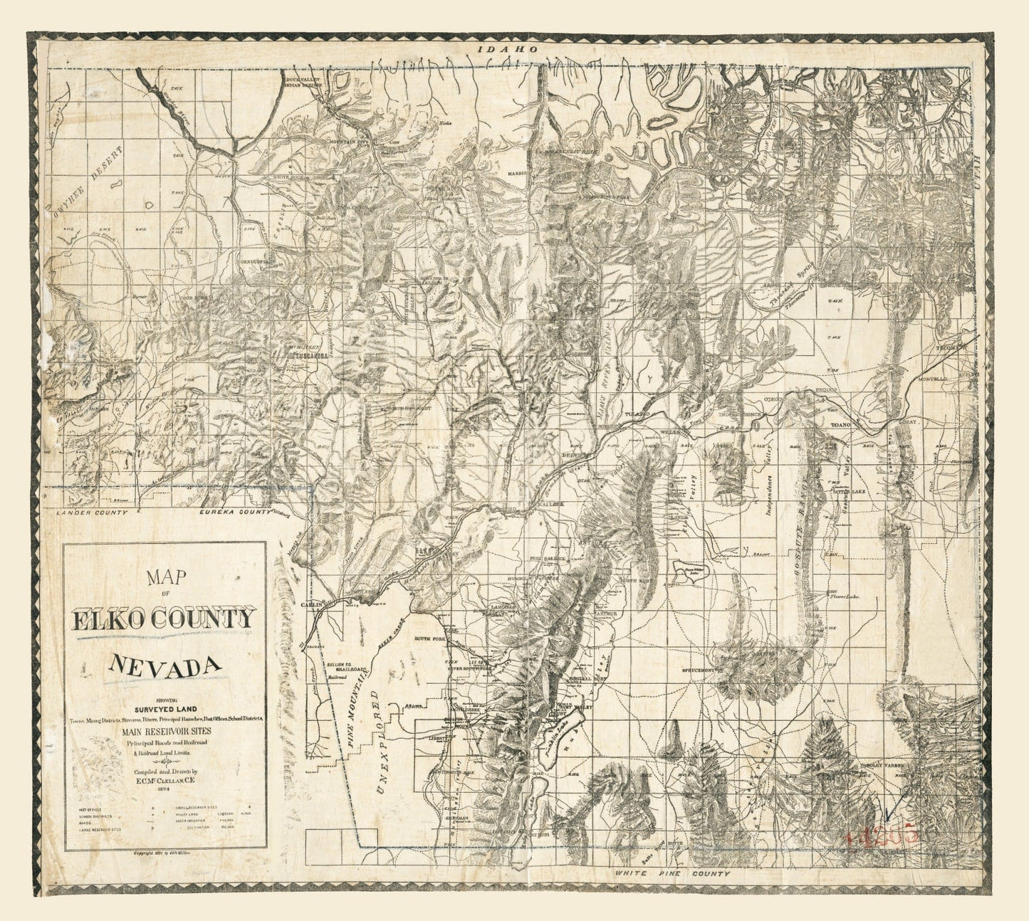Vintage Map of Elko County, Nevada 1894