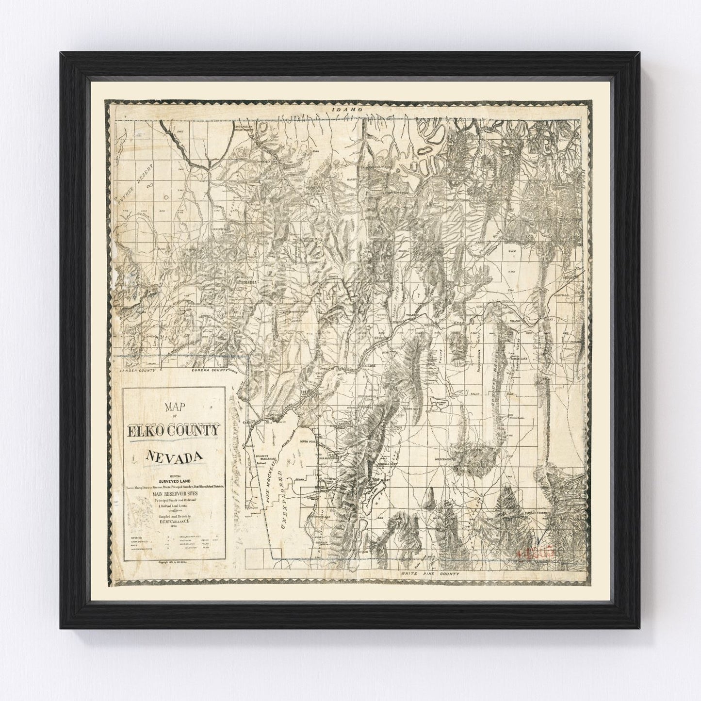 Vintage restored map of Elko County, Nevada, 1894, Great Basin rangeland cartography