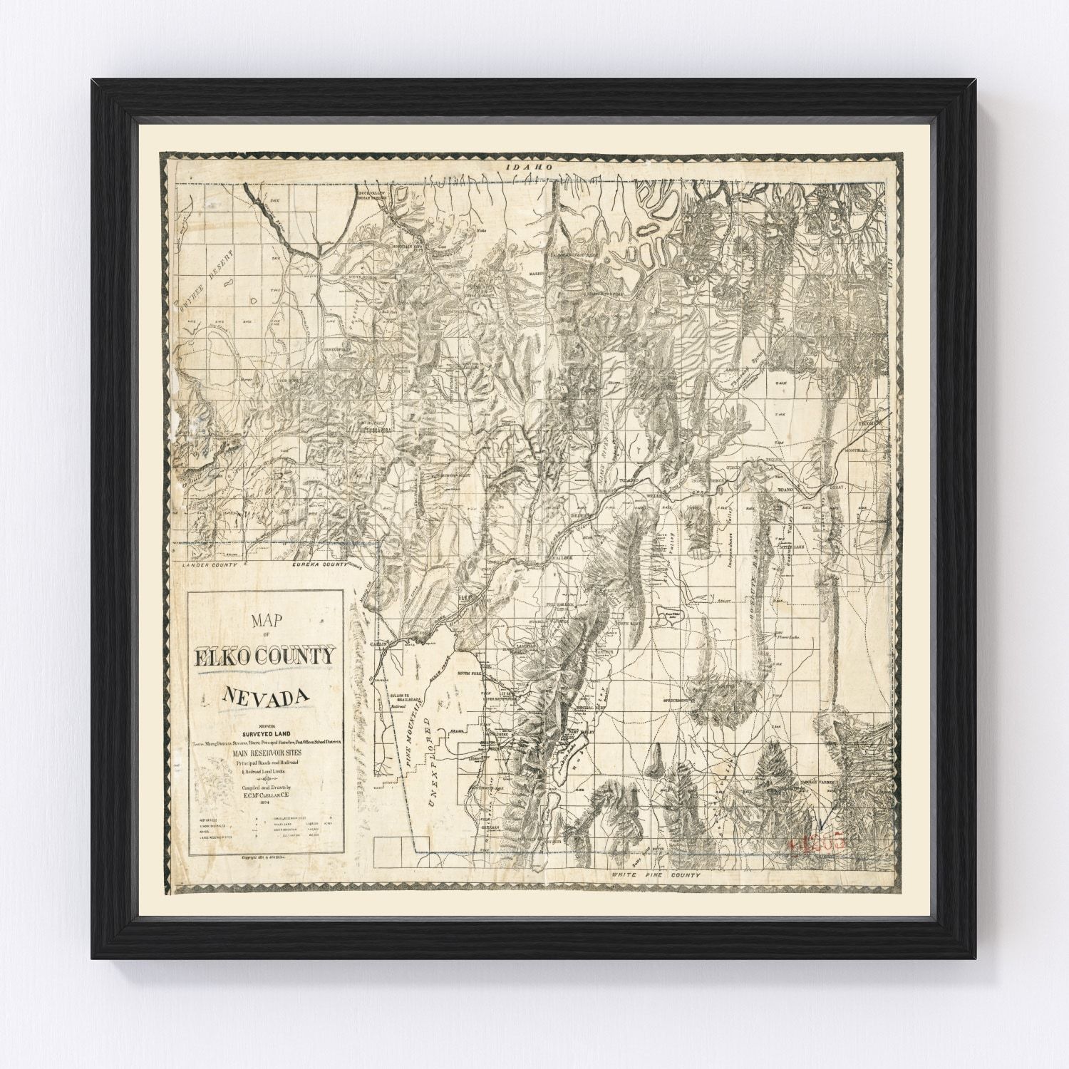 Vintage restored map of Elko County, Nevada, 1894, Great Basin rangeland cartography