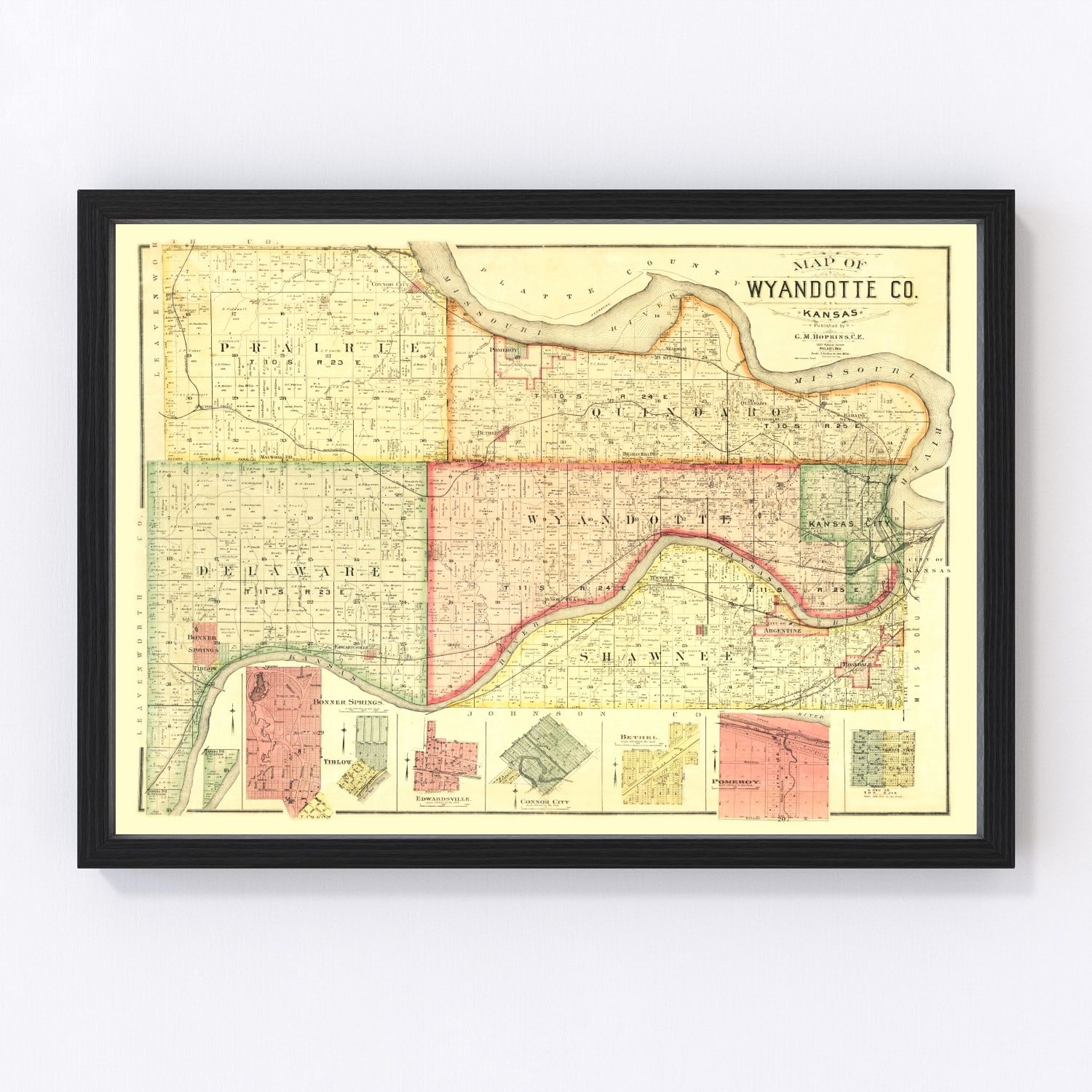 Vintage map of Wyandotte County, Kansas, 1887, digitally restored