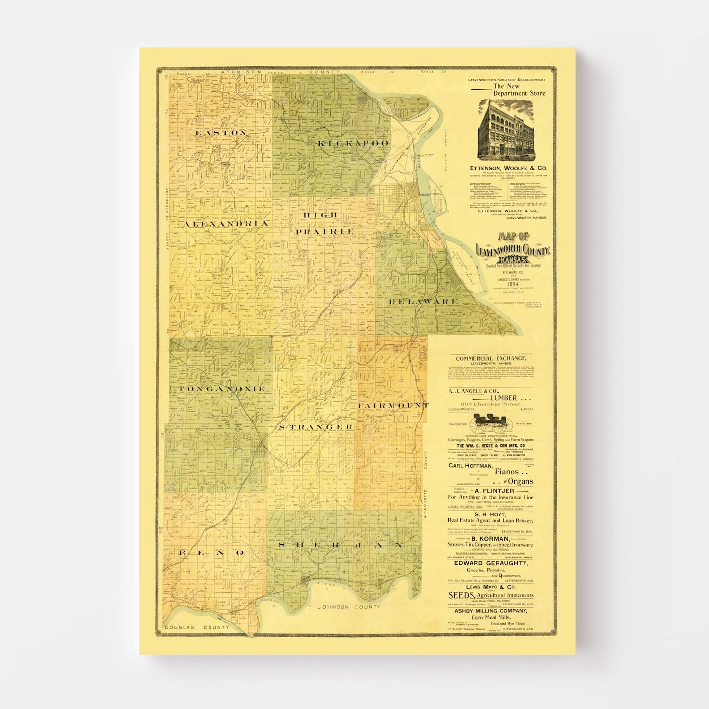 Vintage Map of Leavenworth County, Kansas, 1894
