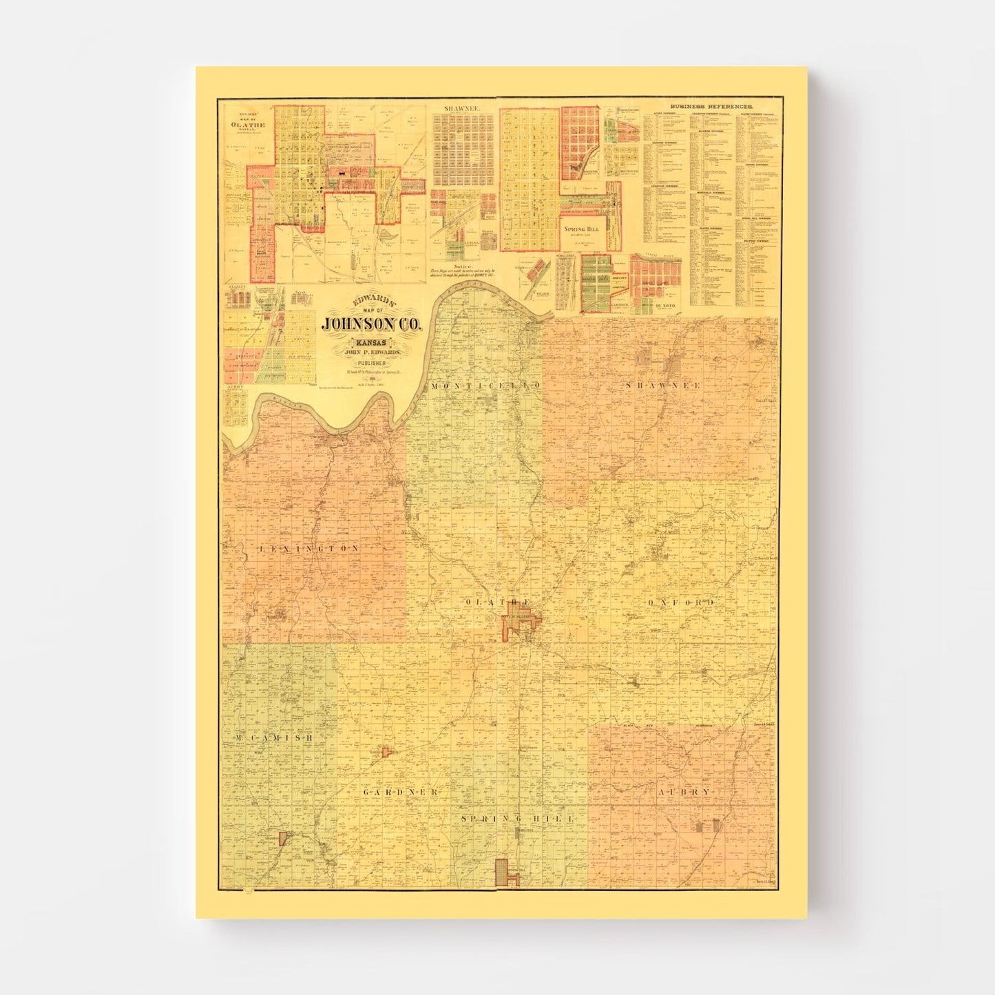 Vintage Map of Johnson County, Kansas, 1886