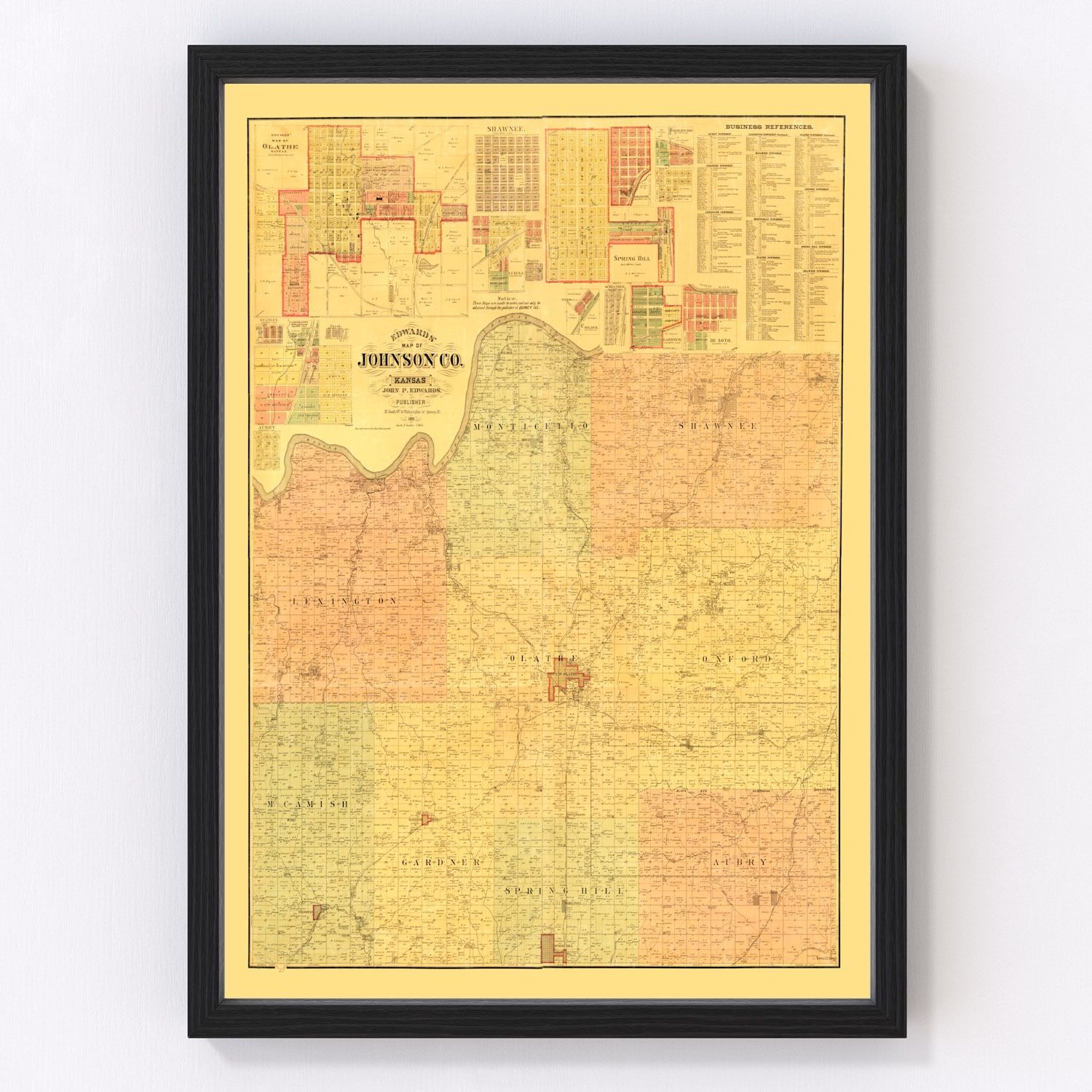 Vintage map of Johnson County, Kansas, 1886