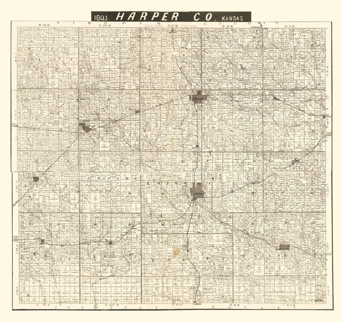 Vintage Map of Harper County, Kansas, 1893