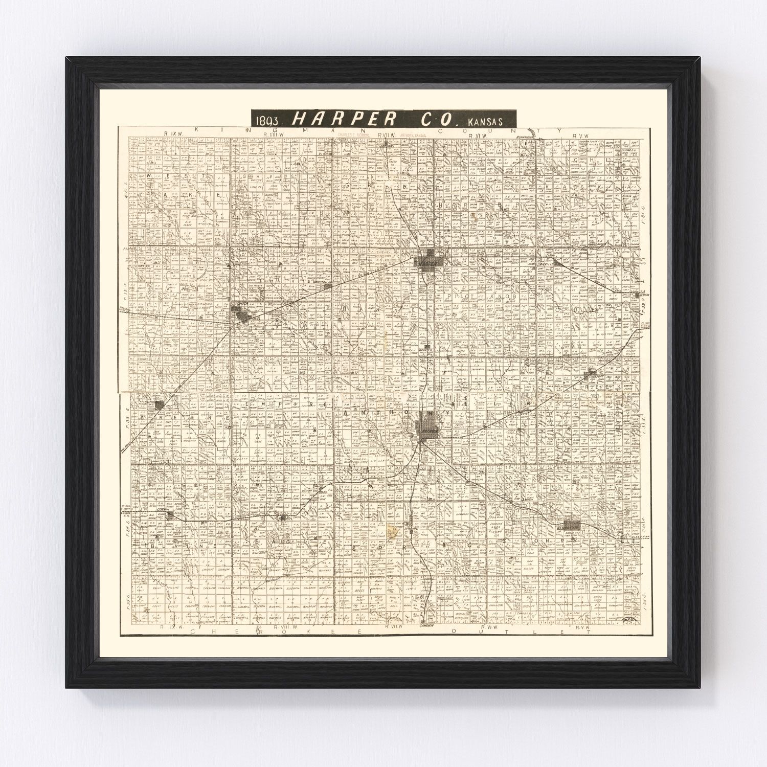 Vintage map of Harper County, Kansas, 1893