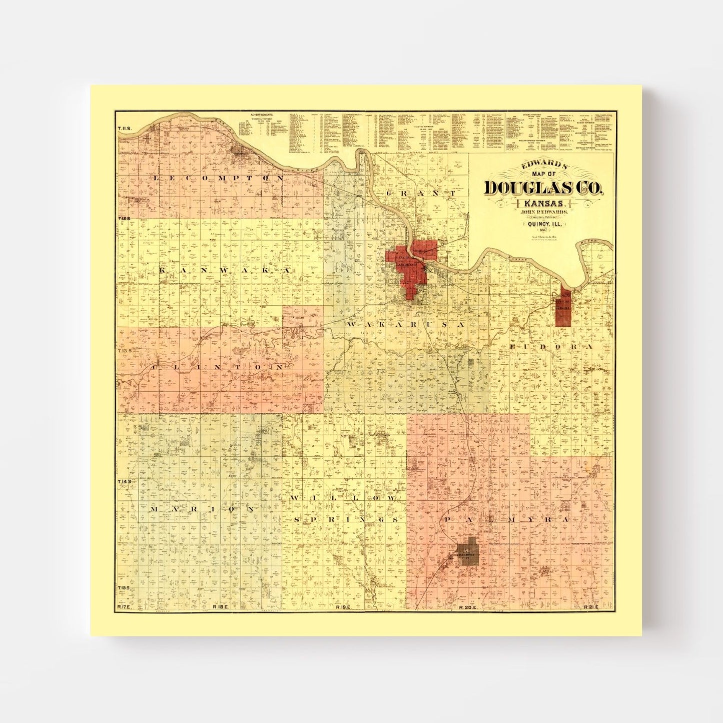 Vintage Map of Douglas County, Kansas, 1887 (Lawrence)