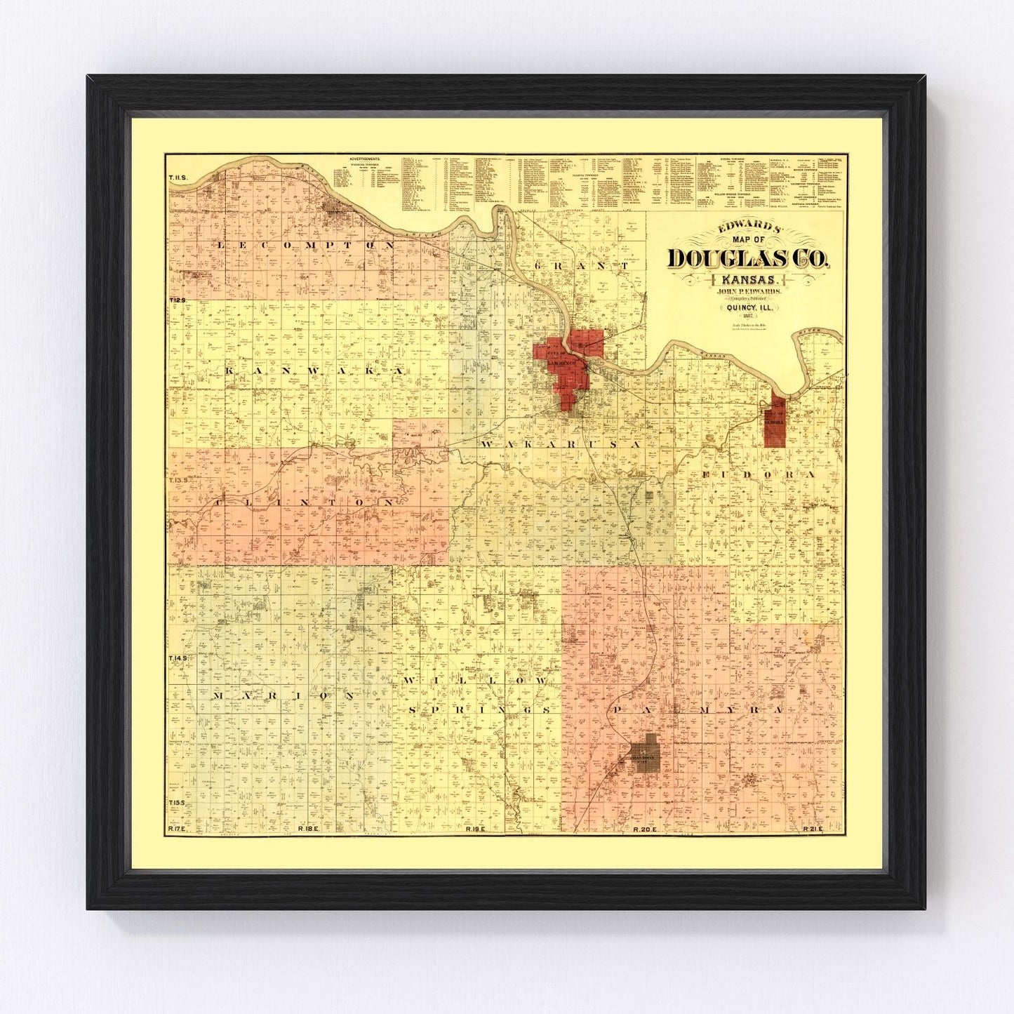 vintage map of Douglas County, Kansas, 1887