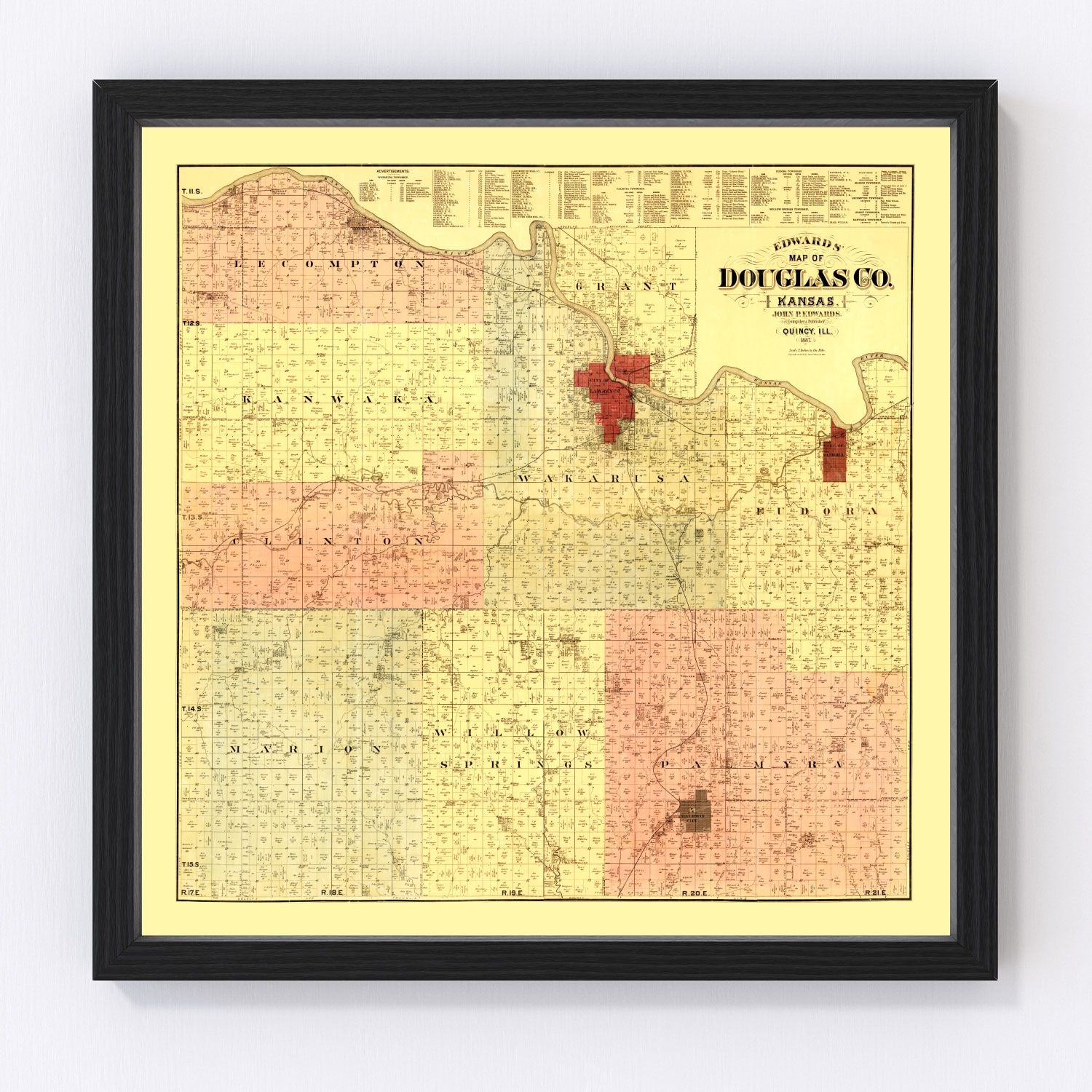 vintage map of Douglas County, Kansas, 1887