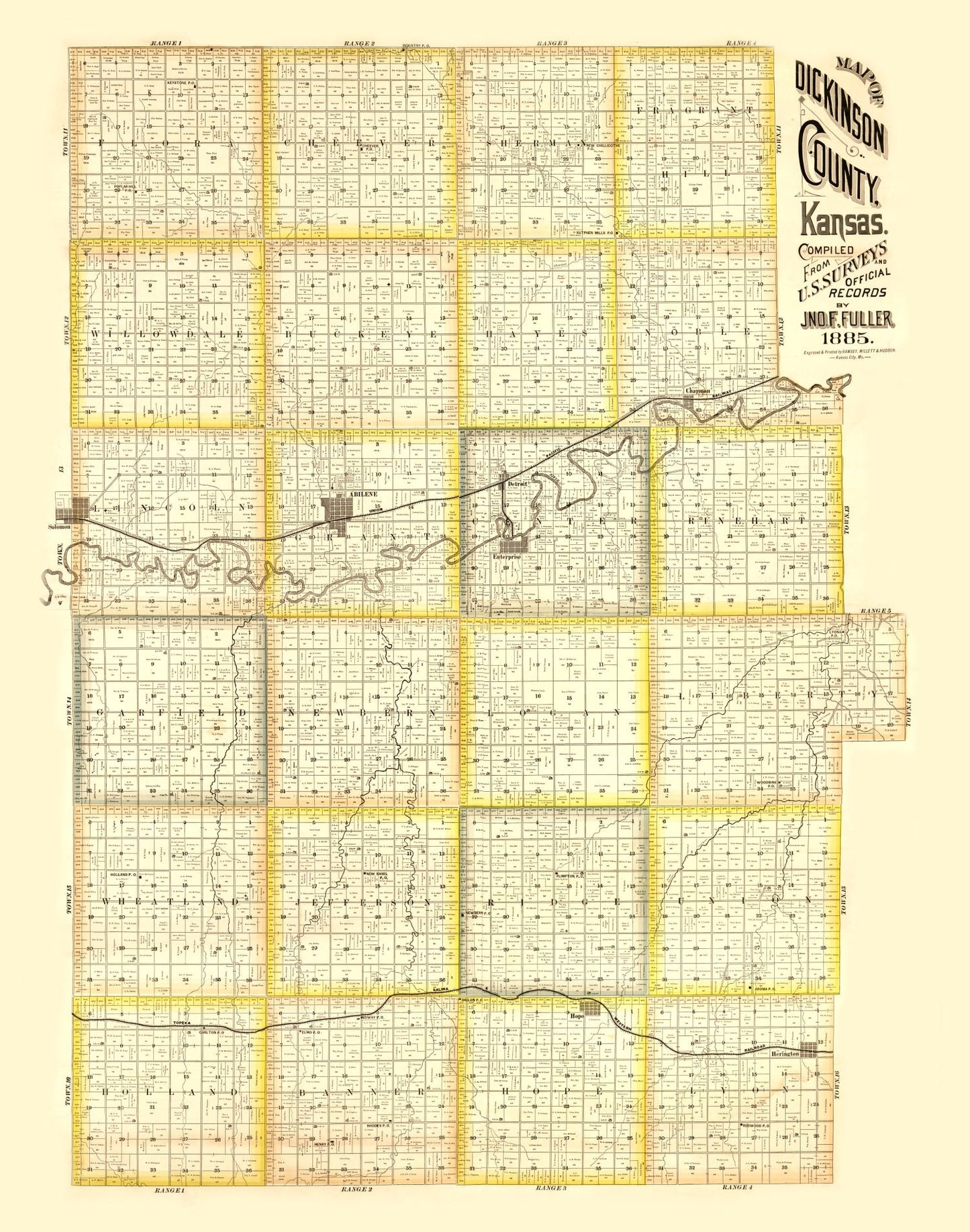 Vintage Map of Dickinson County, Kansas, 1885