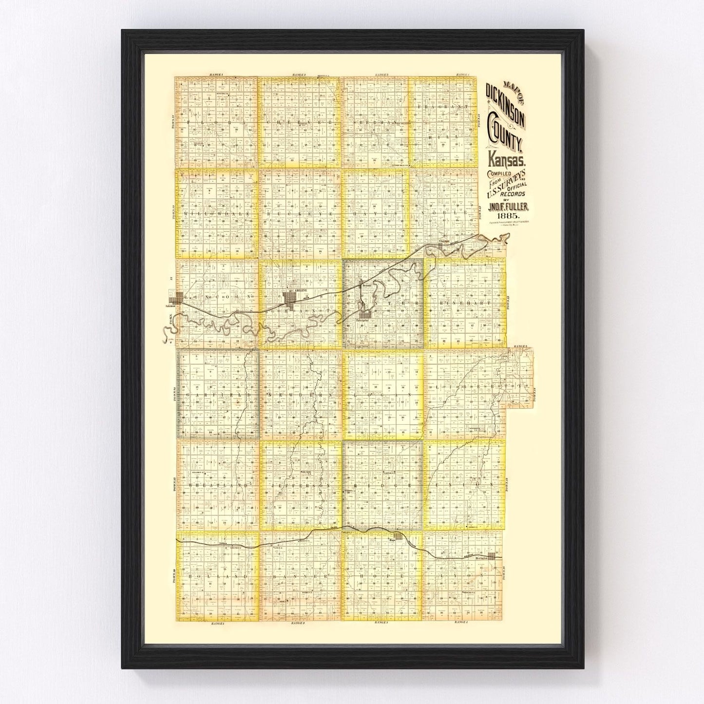 vintage map of Dickinson County, Kansas, 1885