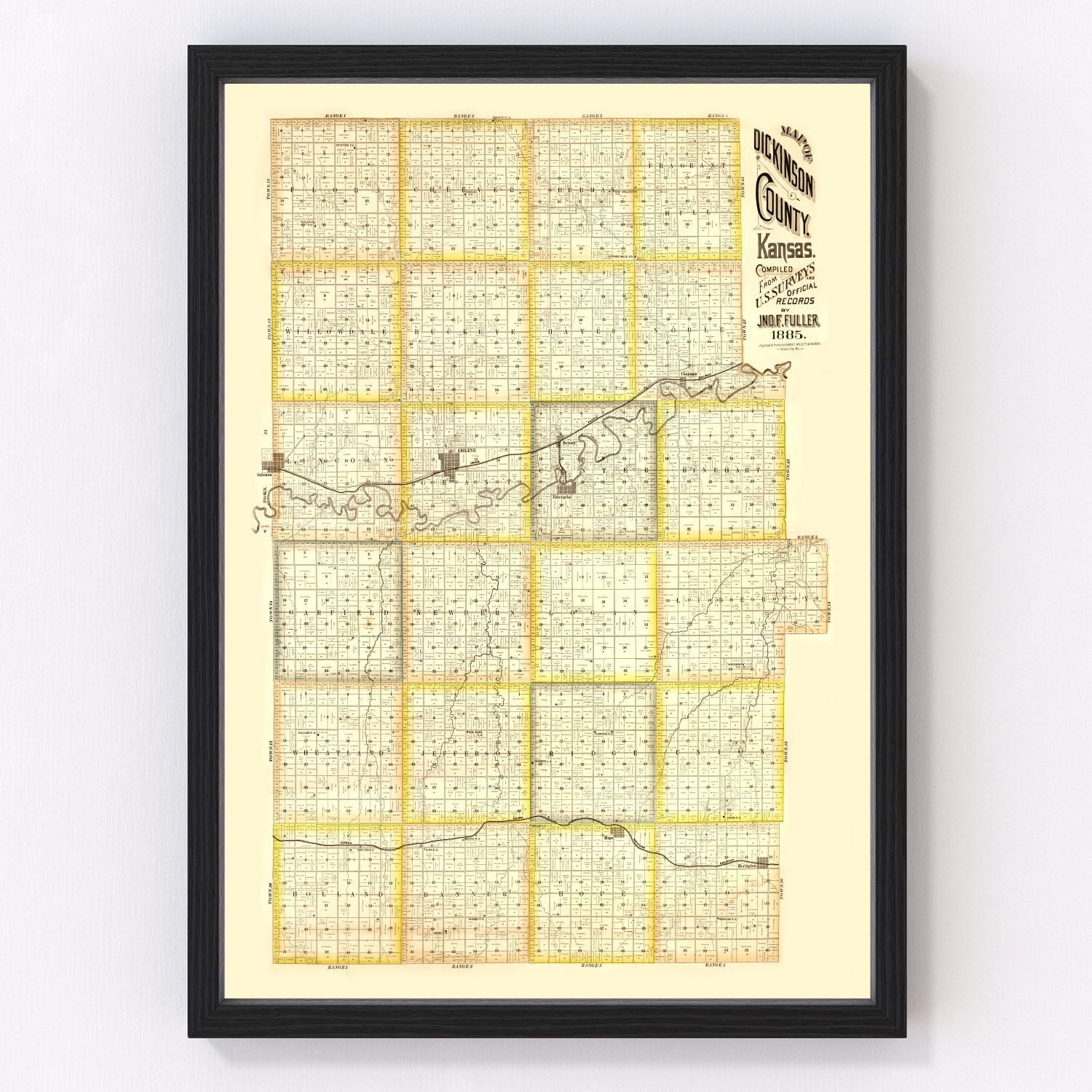 vintage map of Dickinson County, Kansas, 1885