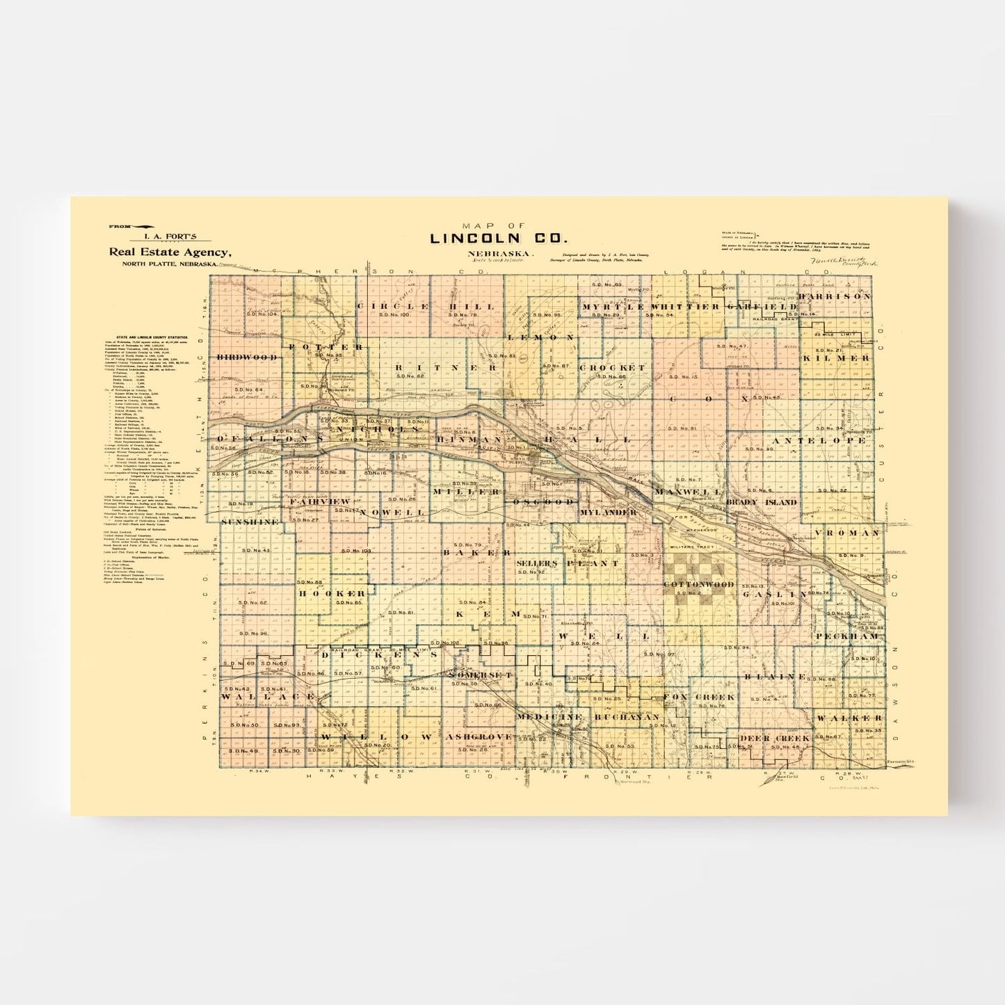 Vintage Map of Lincoln County, Nebraska, 1894