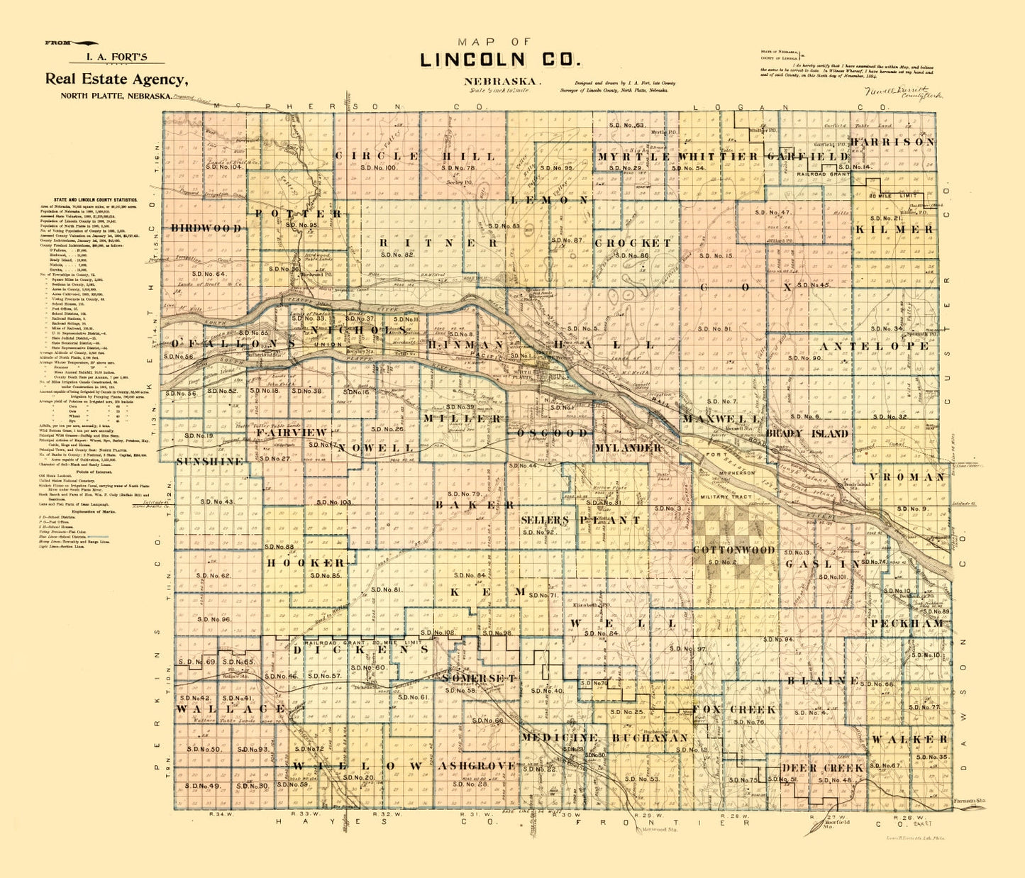 Vintage Map of Lincoln County, Nebraska, 1894