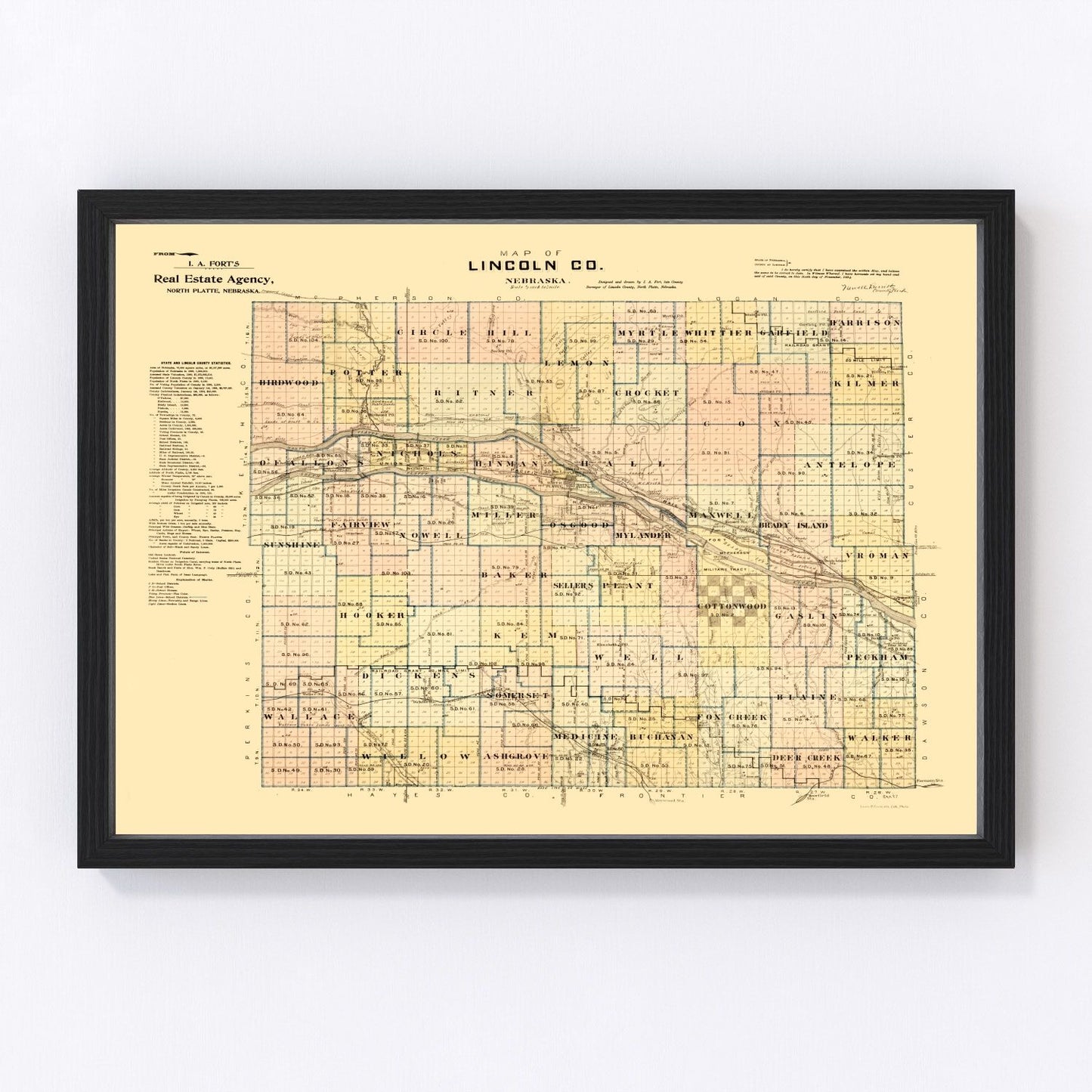 vintage map of Lincoln County, Nebraska, North Platte, 1894