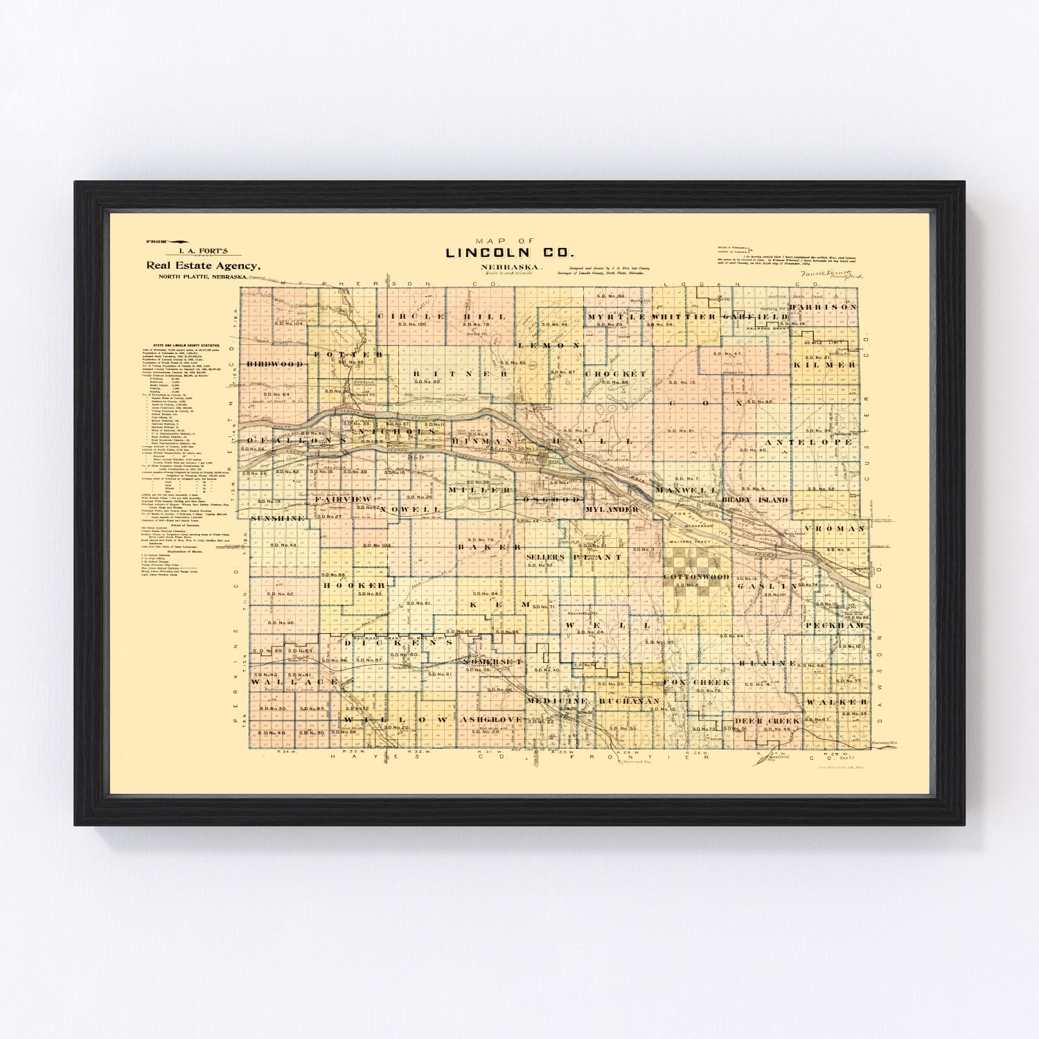 vintage map of Lincoln County, Nebraska, North Platte, 1894