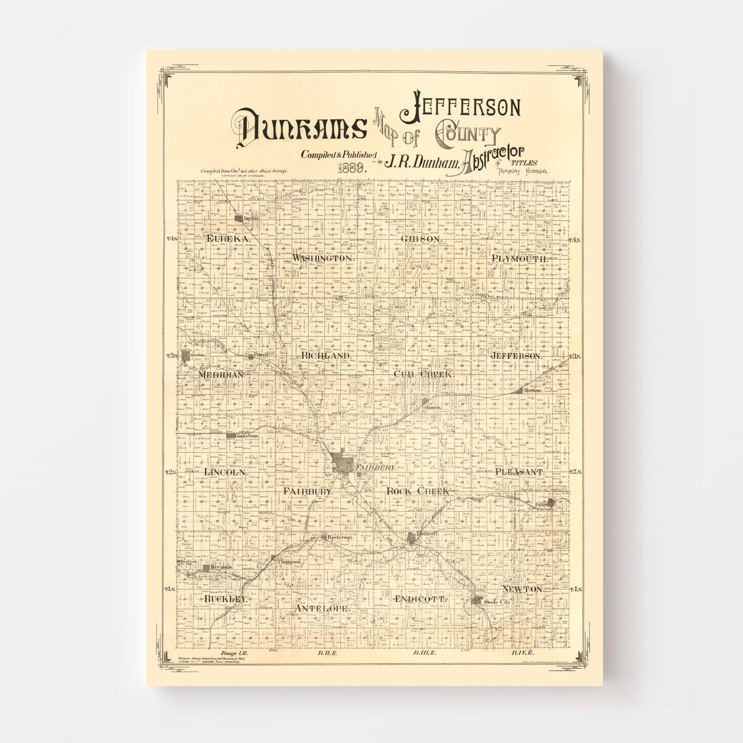 Vintage Map of Jefferson County, Nebraska, 1889