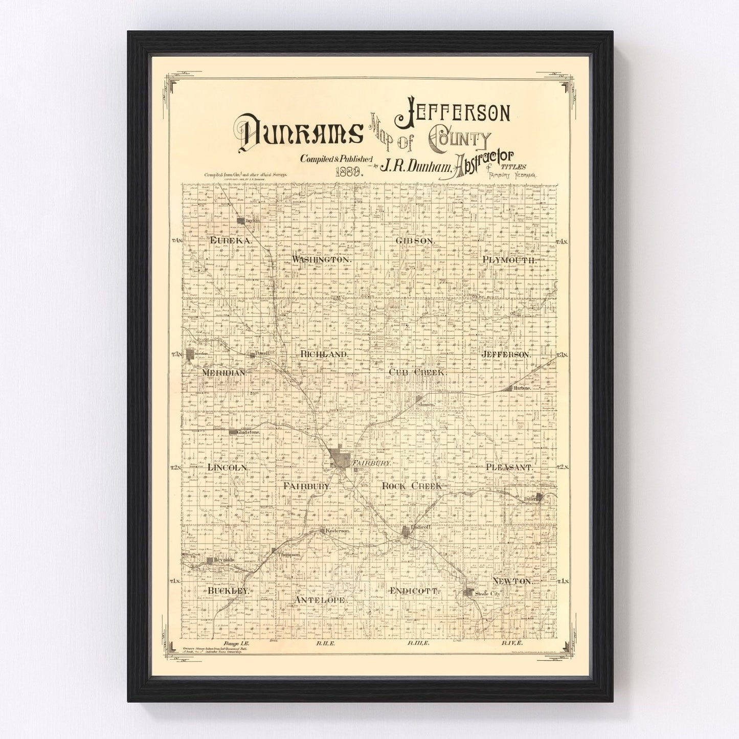 Vintage map of Jefferson County, Nebraska, 1889