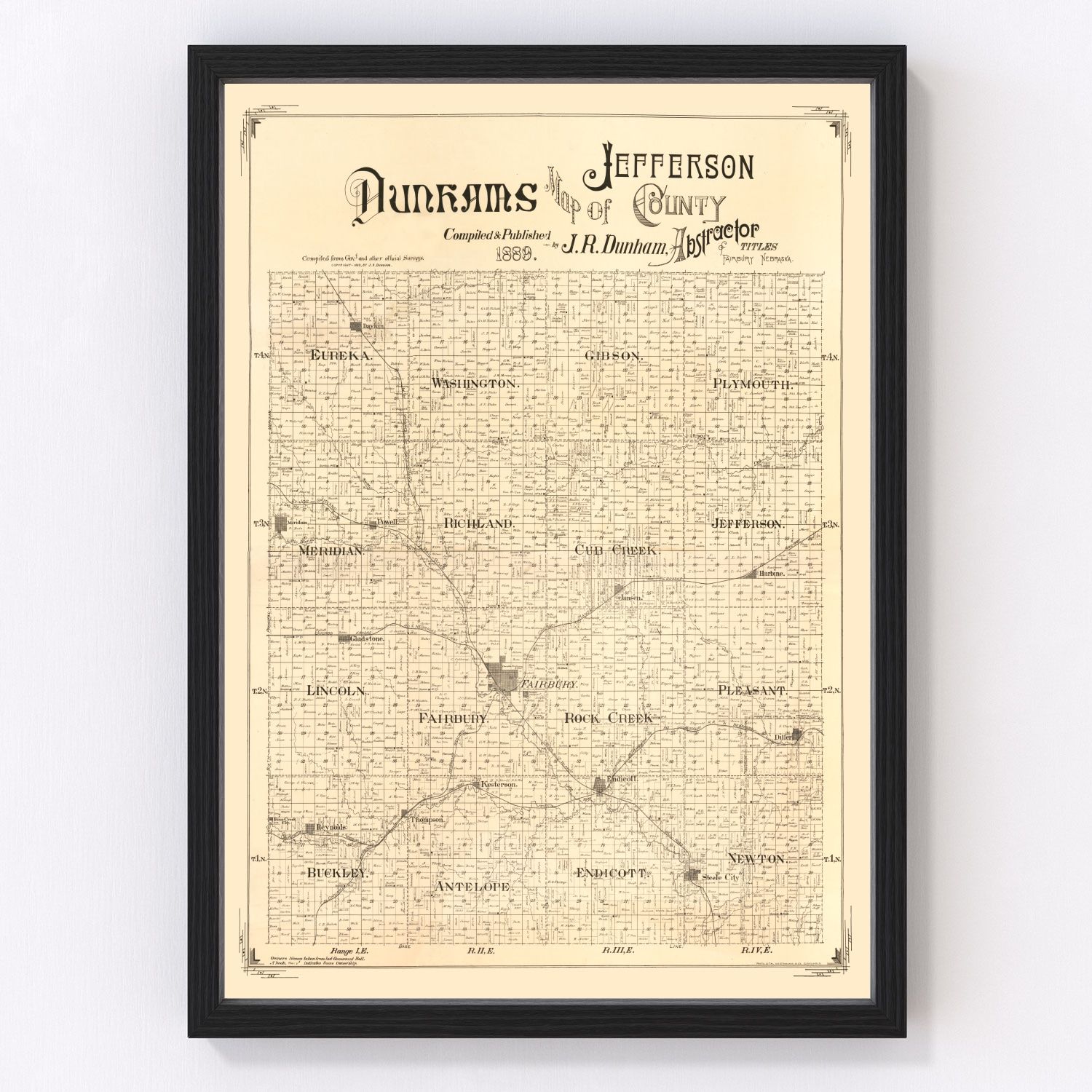 Vintage map of Jefferson County, Nebraska, 1889