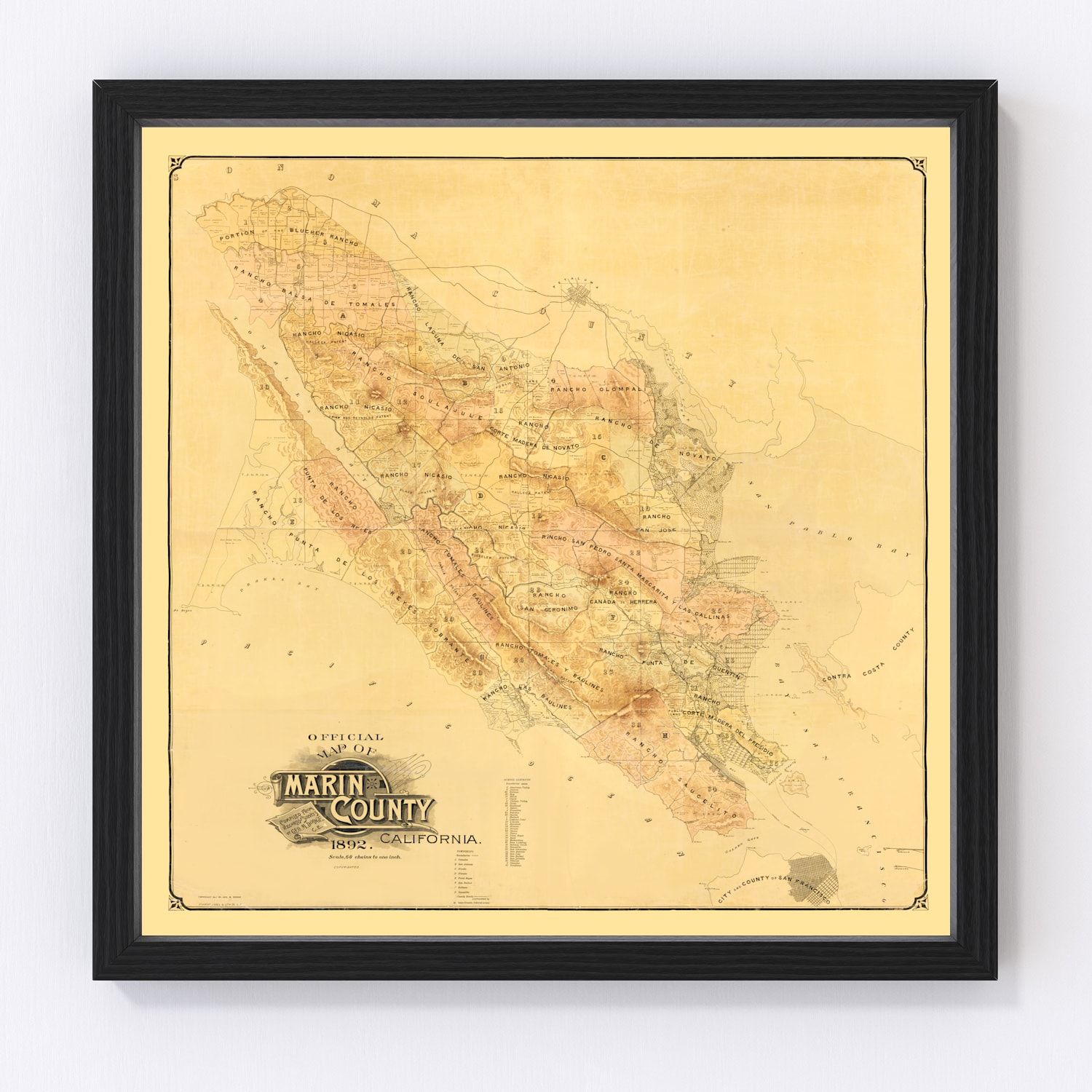 vintage map of Marin County, California, San Francisco Bay coast, 1892