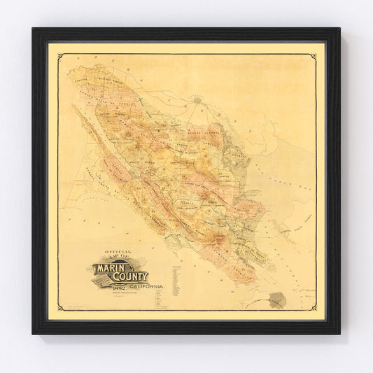 vintage map of Marin County, California, San Francisco Bay coast, 1892