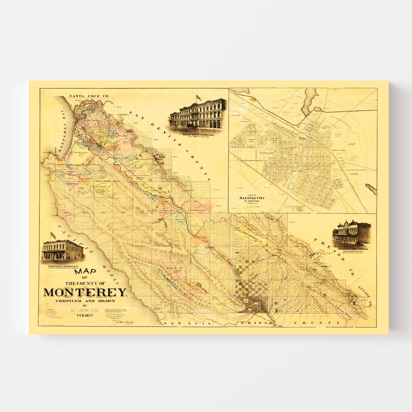 Vintage Map of Monterey County, California, 1877