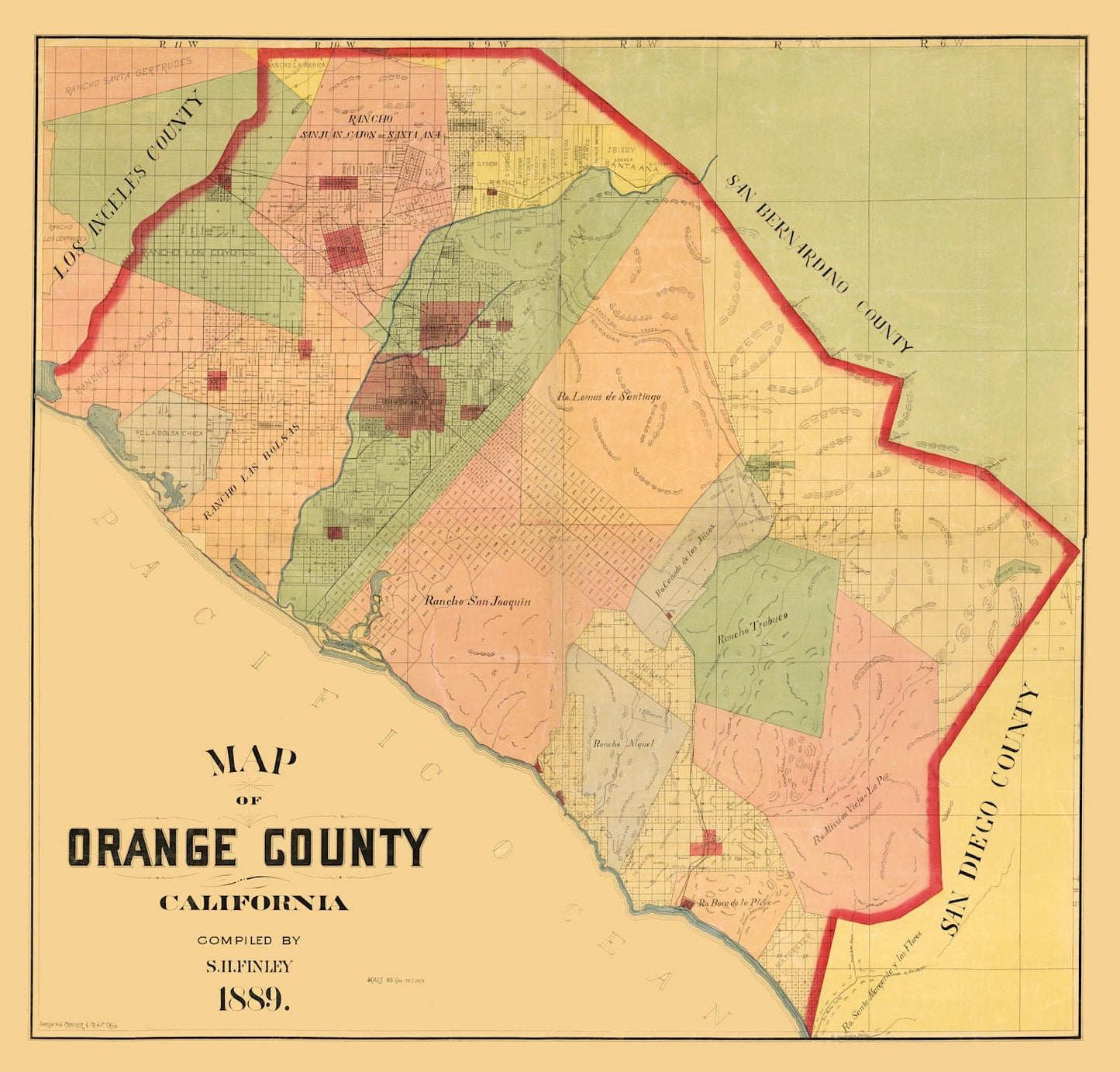 Vintage Map of Orange County, California, 1889