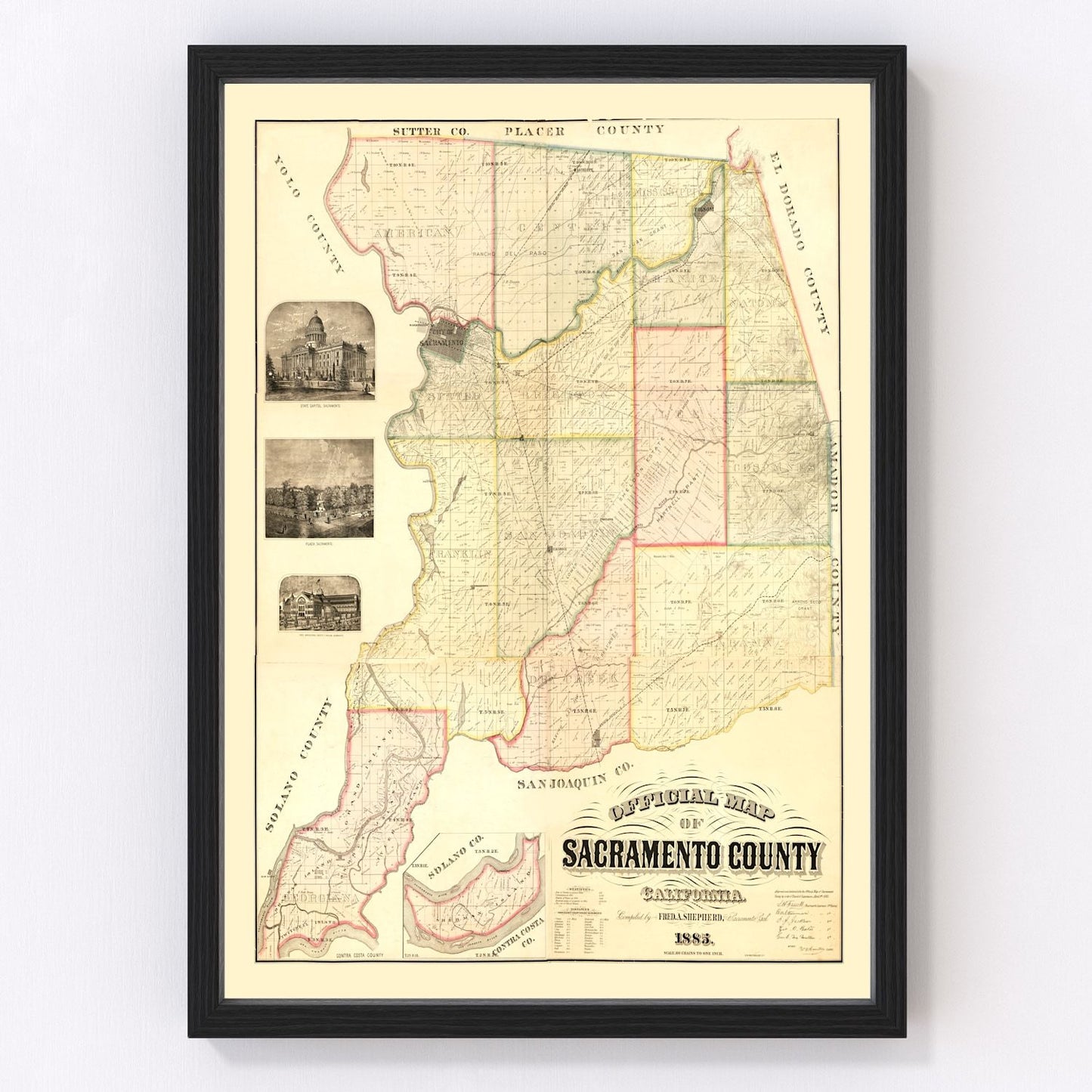 vintage map of Sacramento County, California, 1885