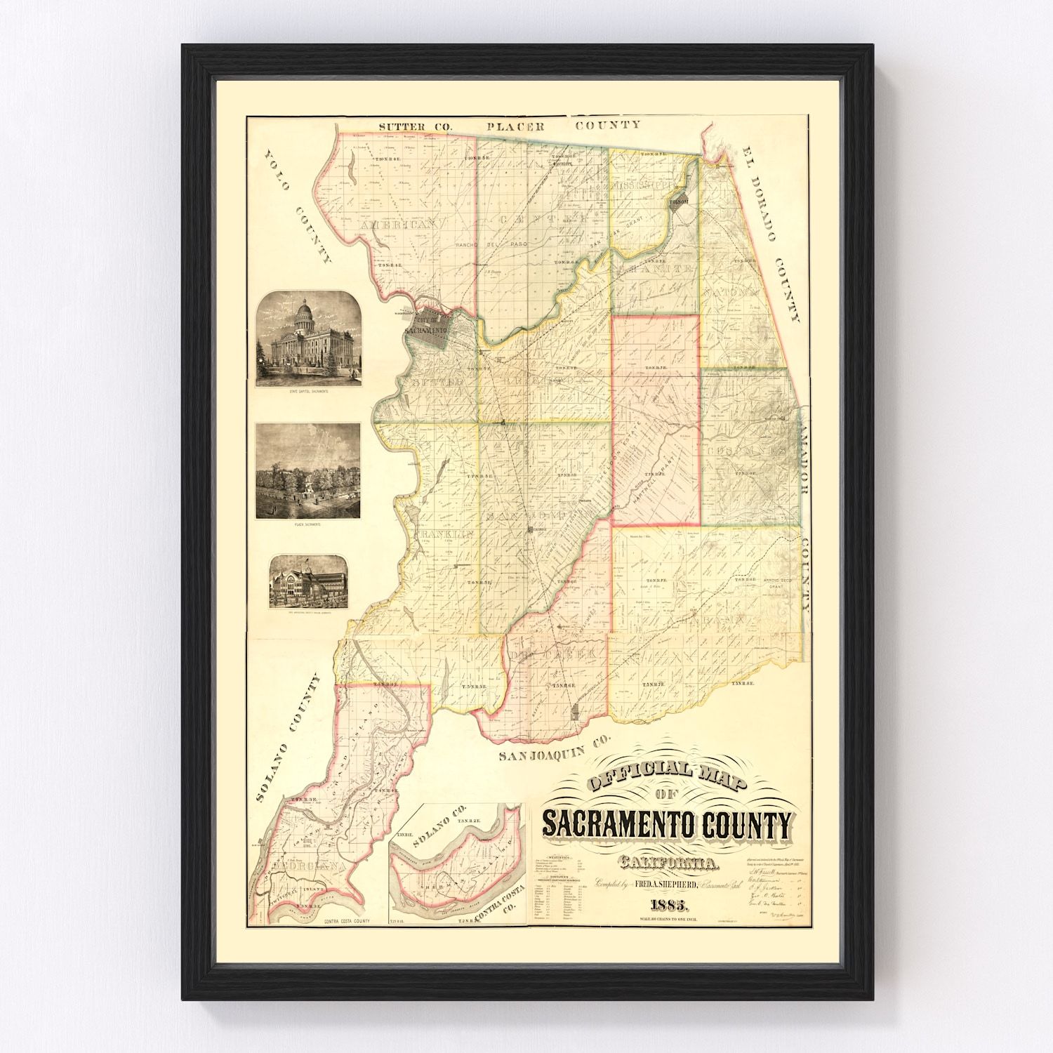 vintage map of Sacramento County, California, 1885