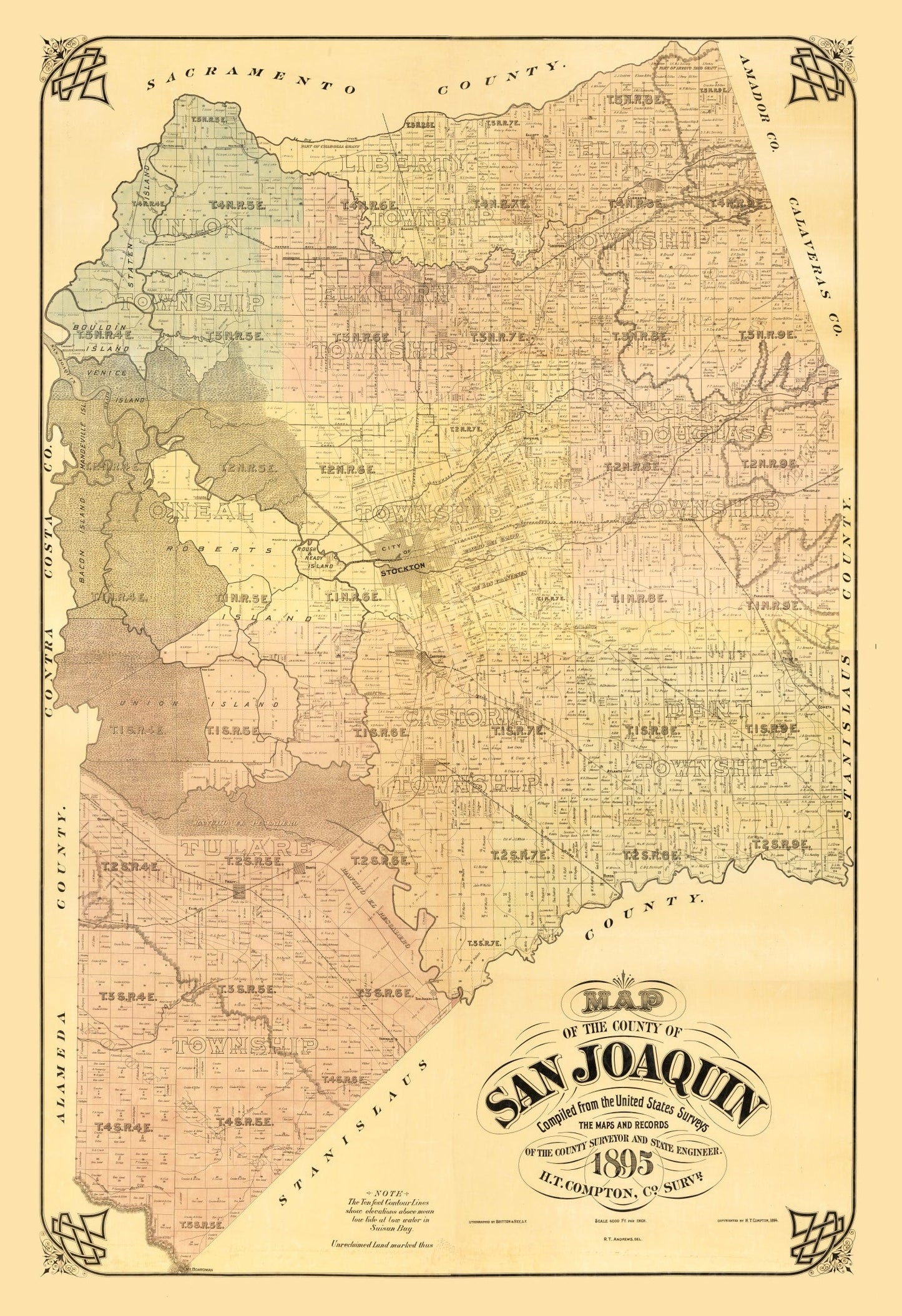 Vintage Map of San Joaquin County, California, 1894