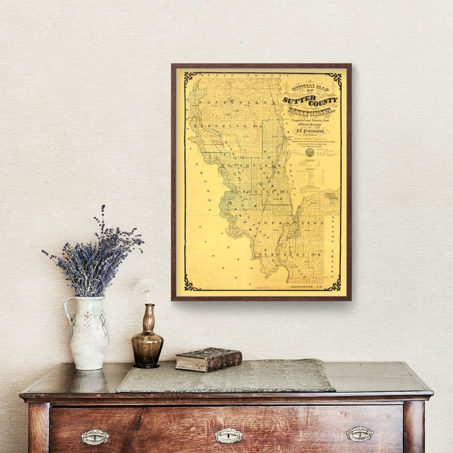 Vintage Map of Sutter County, California, 1873