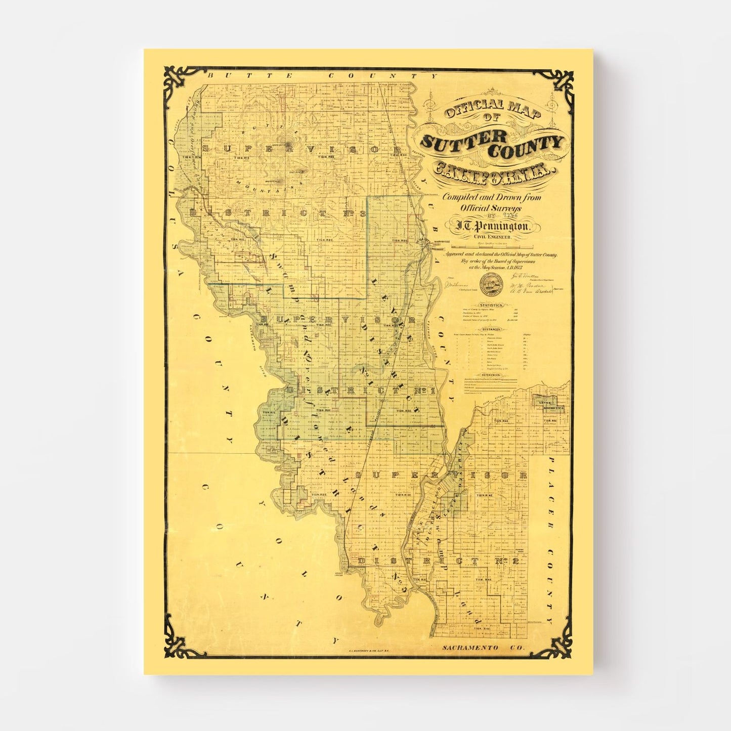 Vintage Map of Sutter County, California, 1873