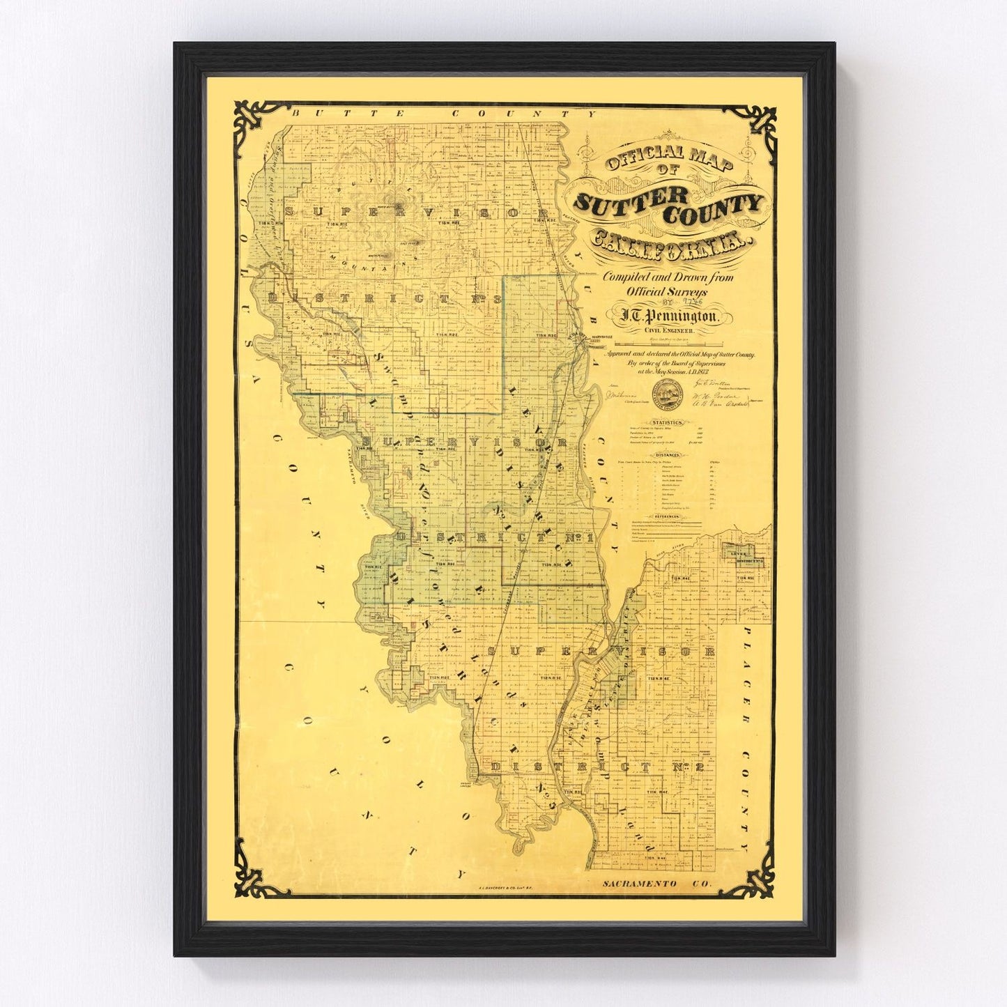 Vintage map of Sutter County, California, 1873