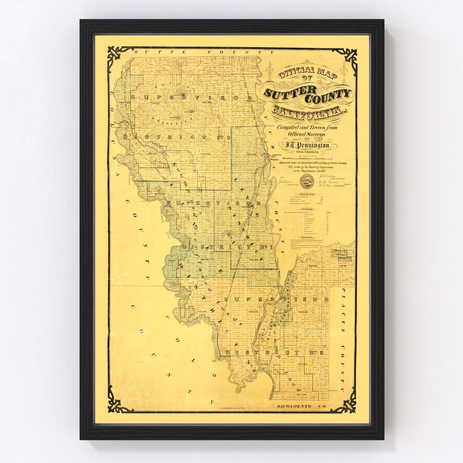 Vintage map of Sutter County, California, 1873