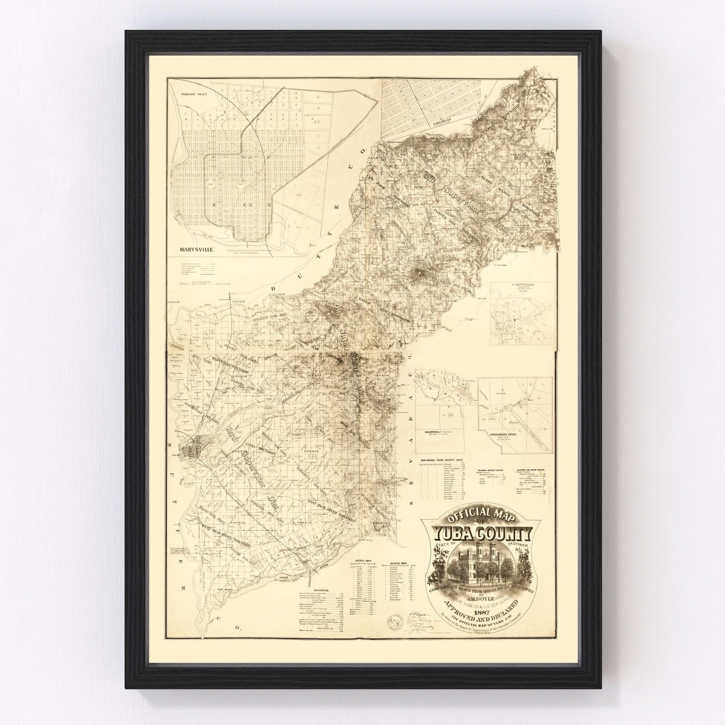 Vintage 1887 map of Yuba County California showing roads rivers and Gold Rush era settlements, restored print