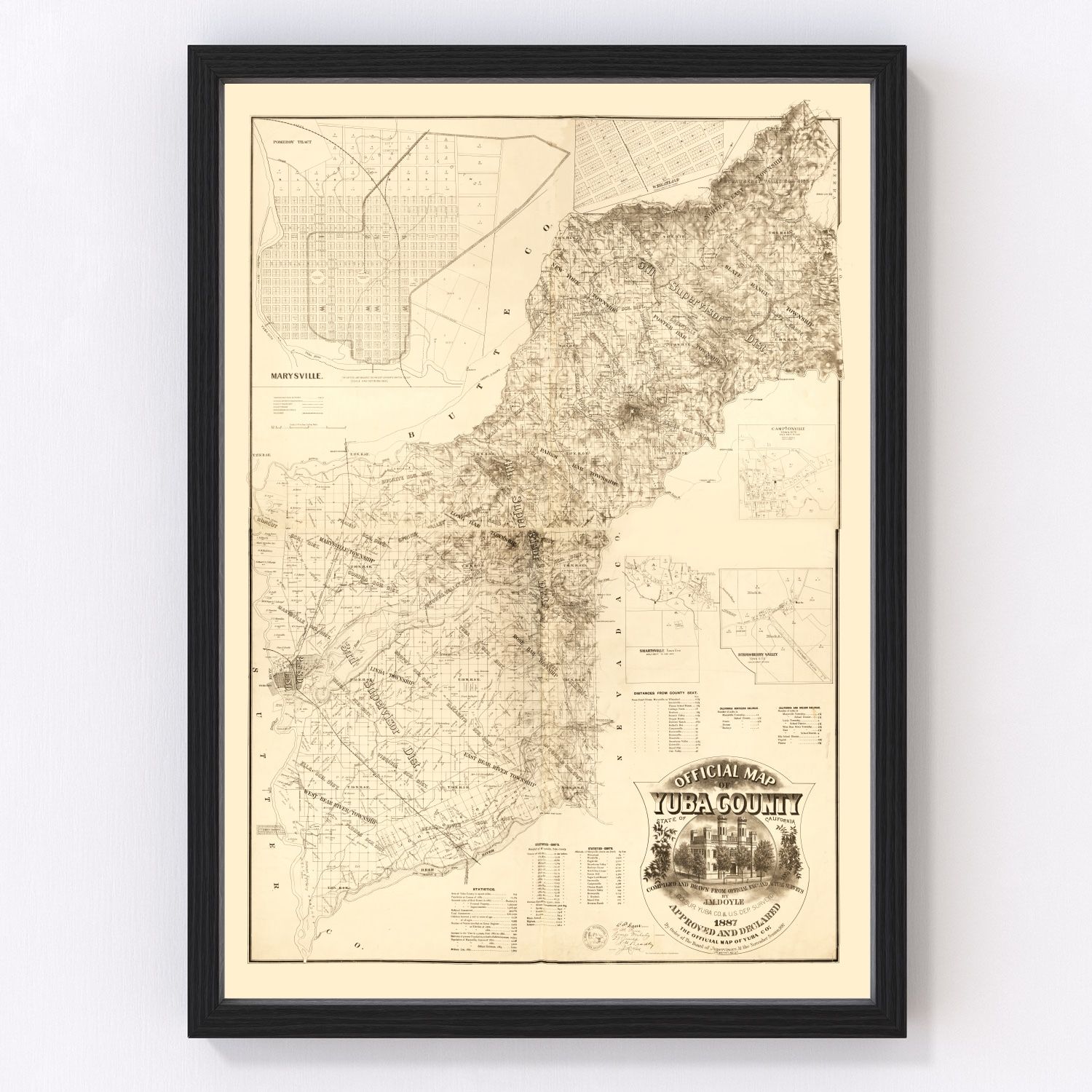 Vintage 1887 map of Yuba County California showing roads rivers and Gold Rush era settlements, restored print