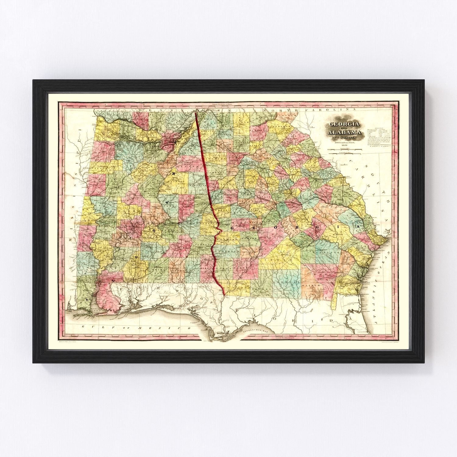Vintage map of Alabama, 1853 - restored print