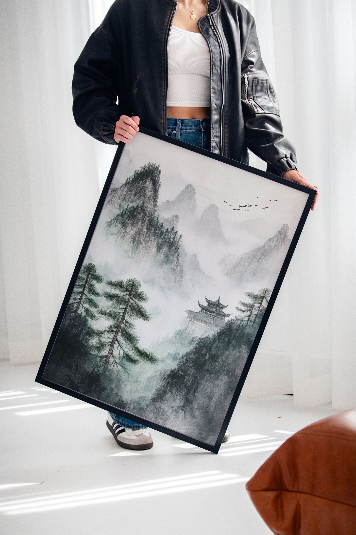 Misty Mountain Zen Wall Art Print - Chinese Ink Landscape